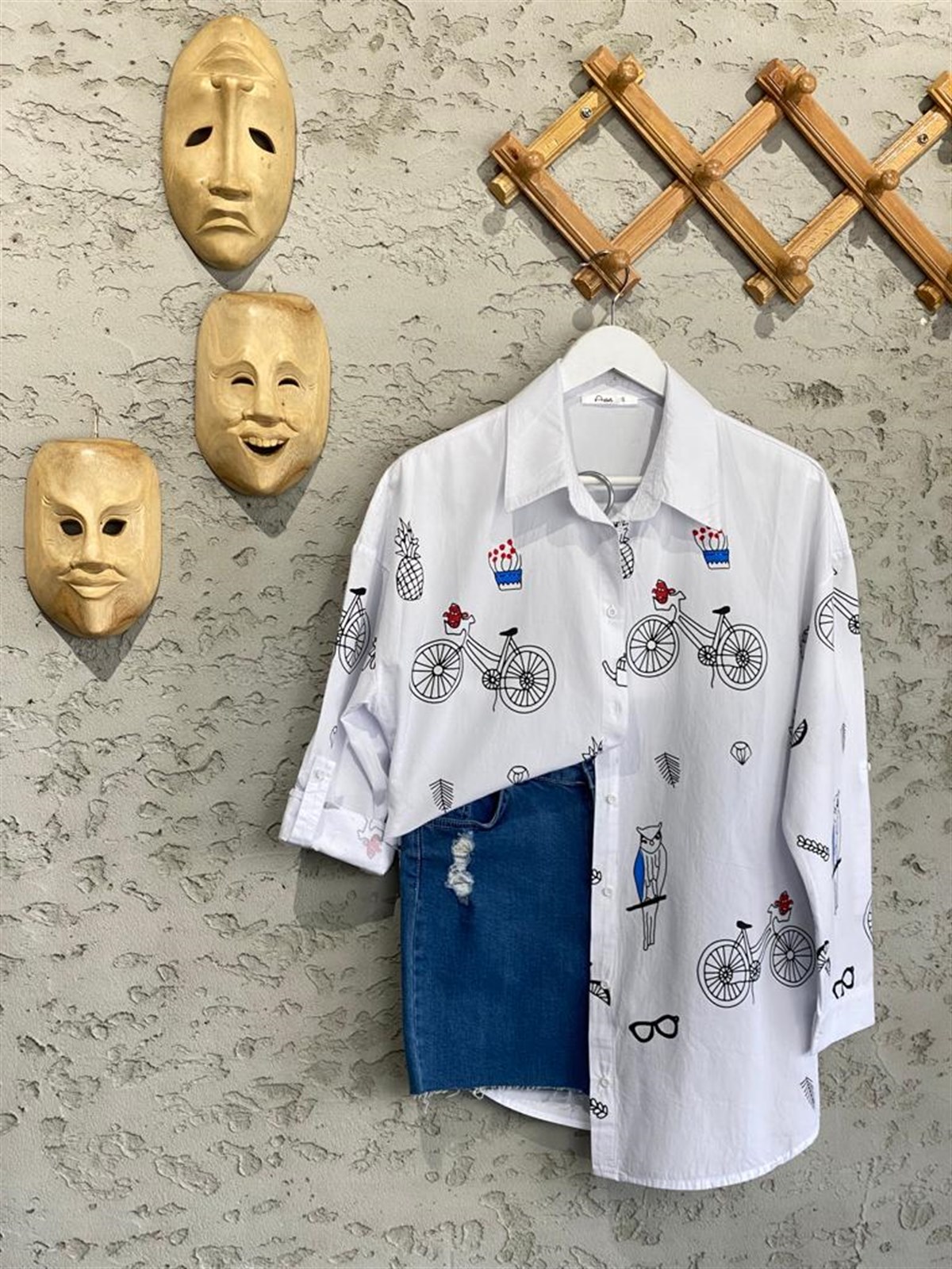 Bisiklet Desen Baskılı Poplin Gömlek 