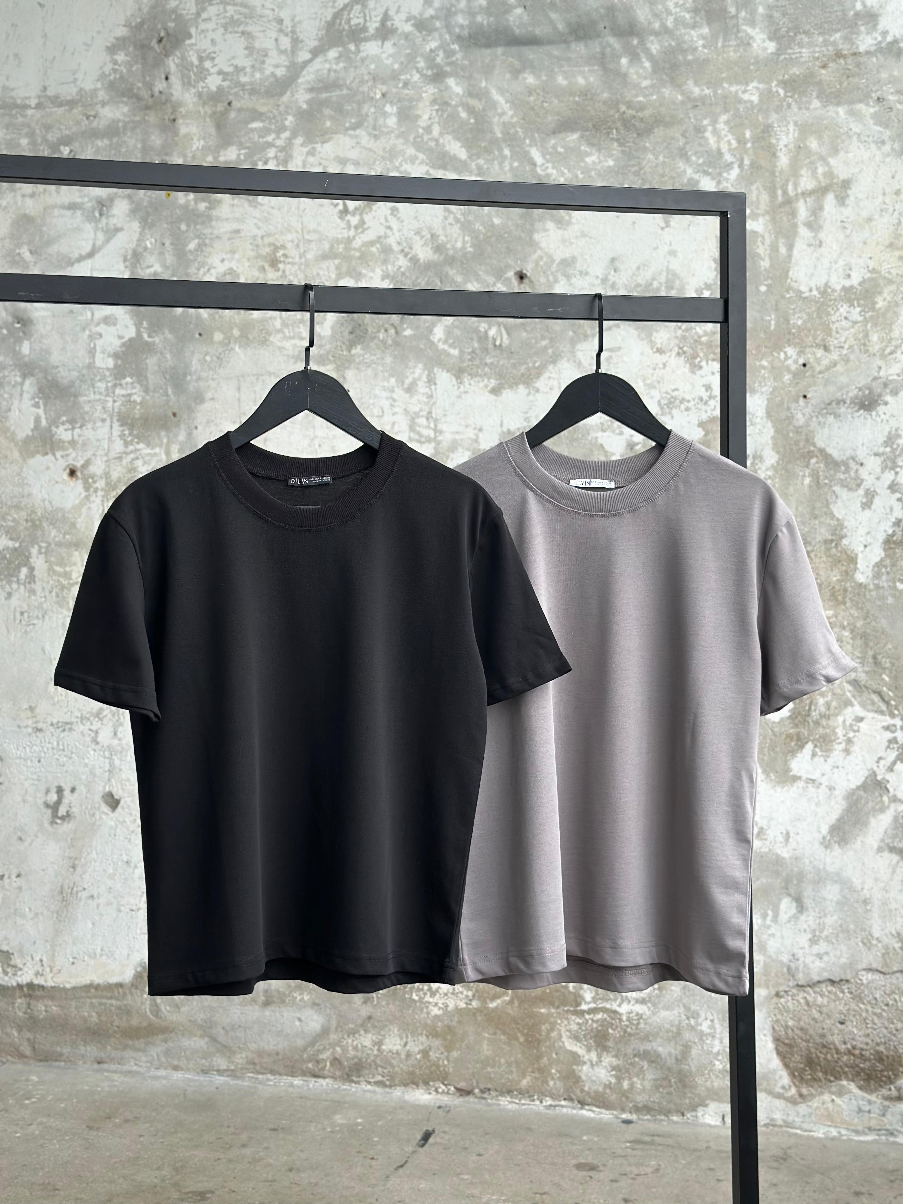 Bisiklet Yaka Oversize Tişört (Siyah/Gri)