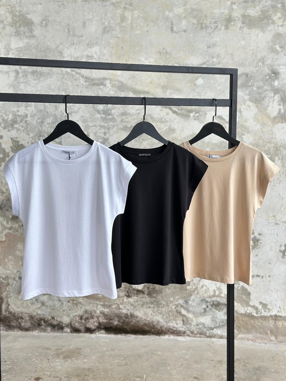 Bisiklet Yaka Penye T-Shirt (Beyaz/Siyah/Bej)