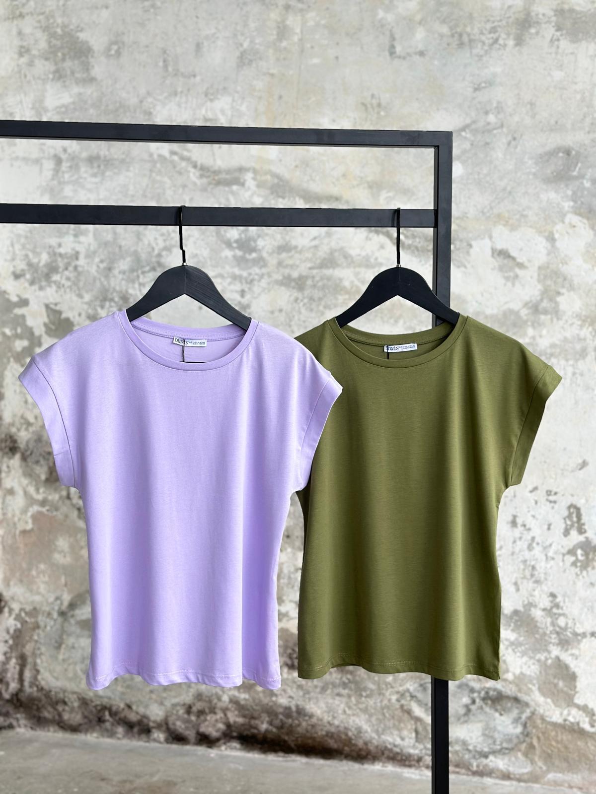 Bisiklet Yaka Penye T-Shirt (Lila/Yağ Yeşili)