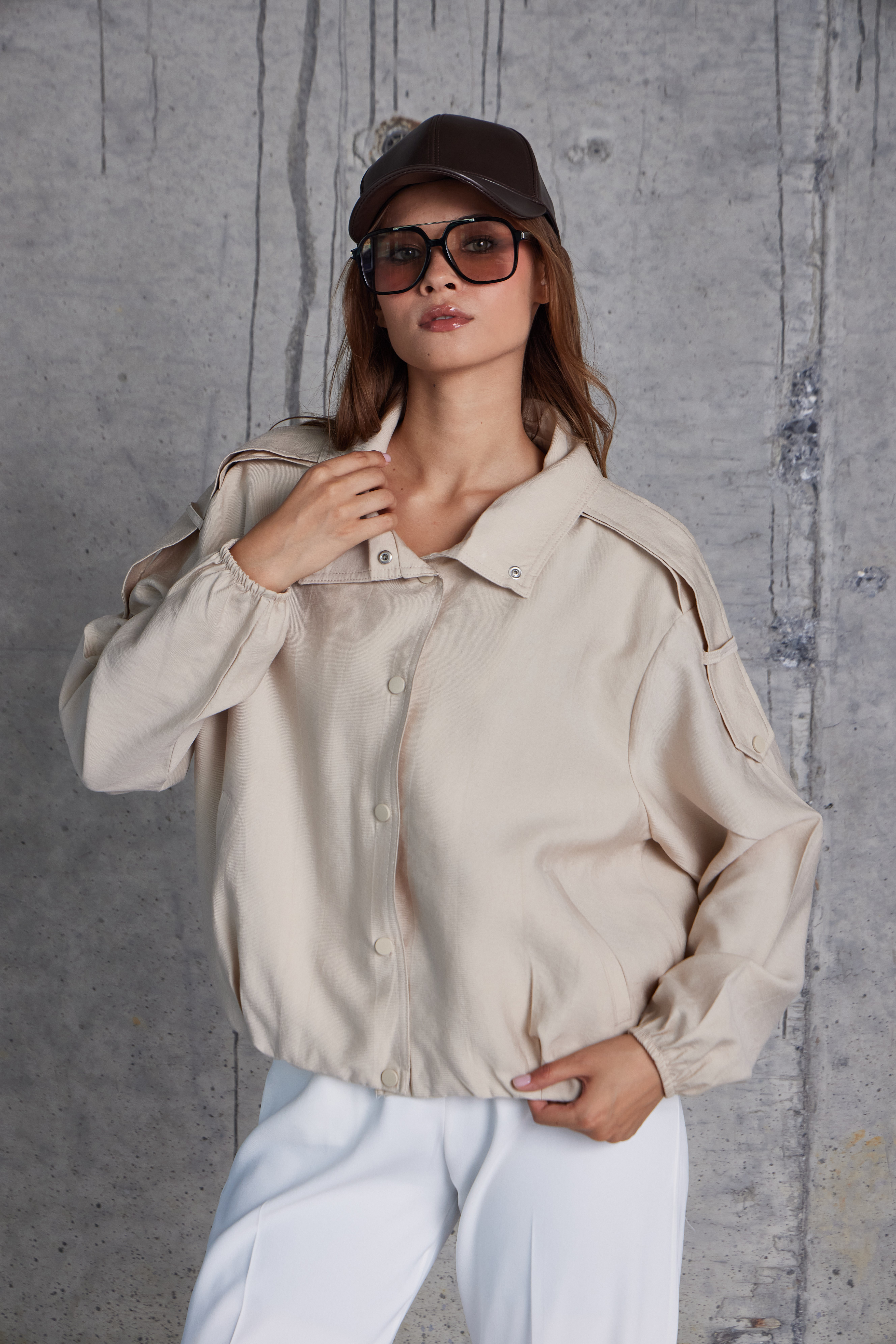 Bomber Çıt Çıt Fermuarlı Ceket (Taş)