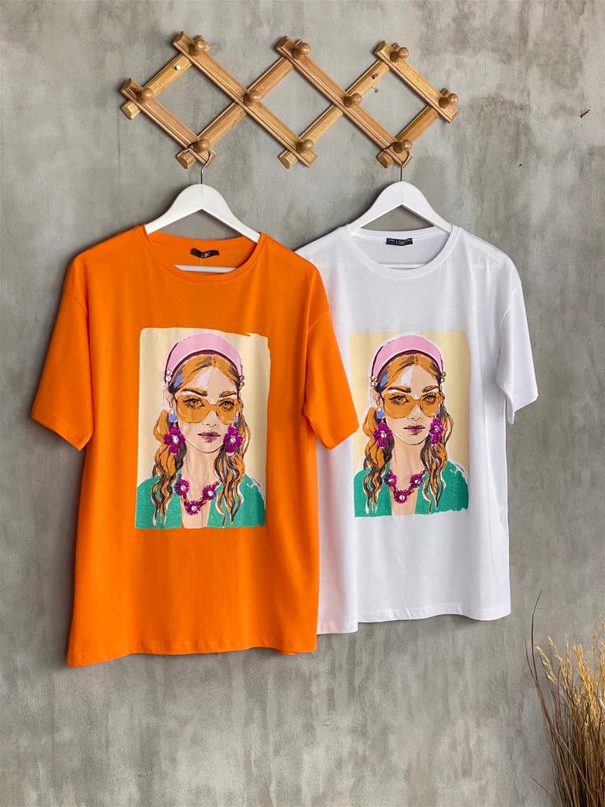 Boncuk Ve Taş İşlemeli Gözlüklü Kız Tişört (Oranj/Beyaz)
