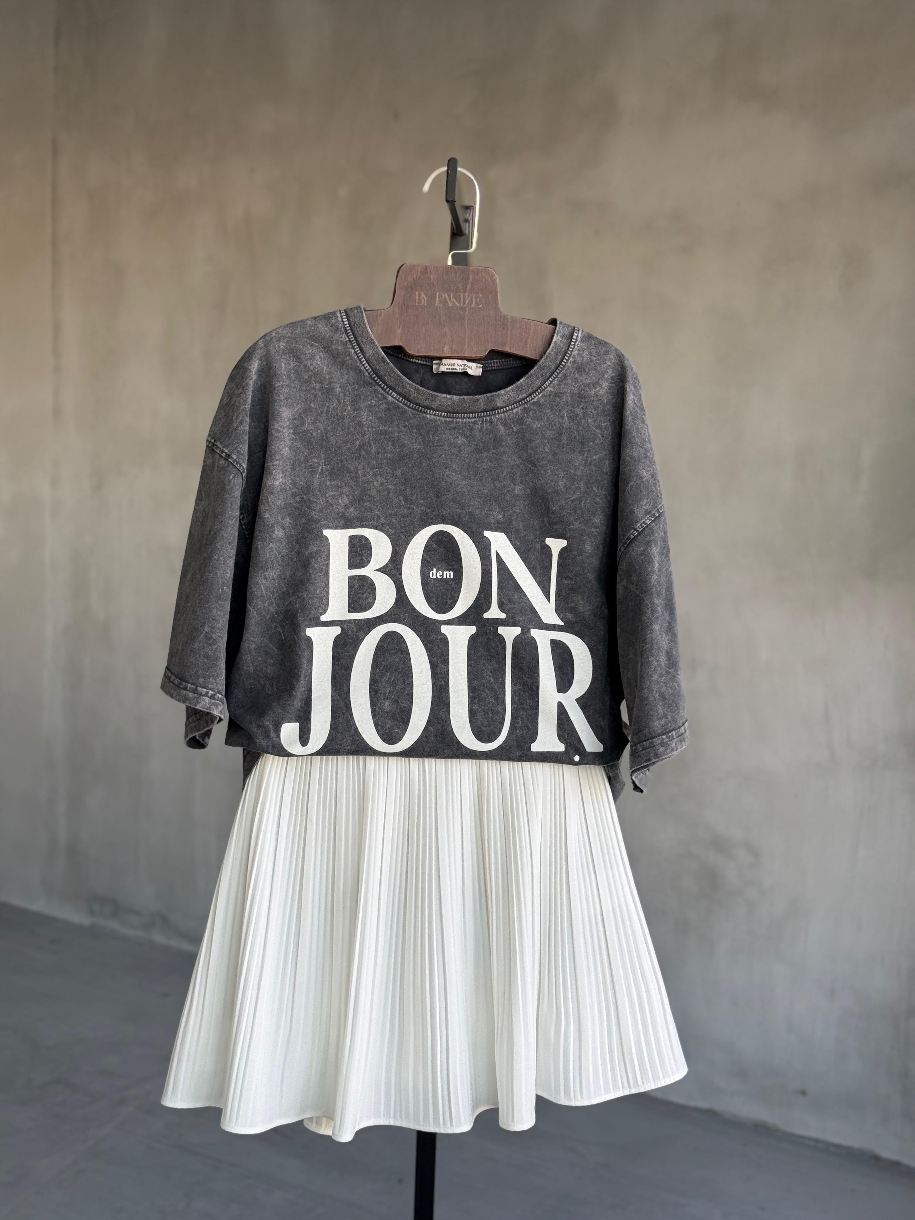 Bonjour Yazı Baskılı Taş Yıkamalı Oversize Dokuma Tişört (Antrasit)