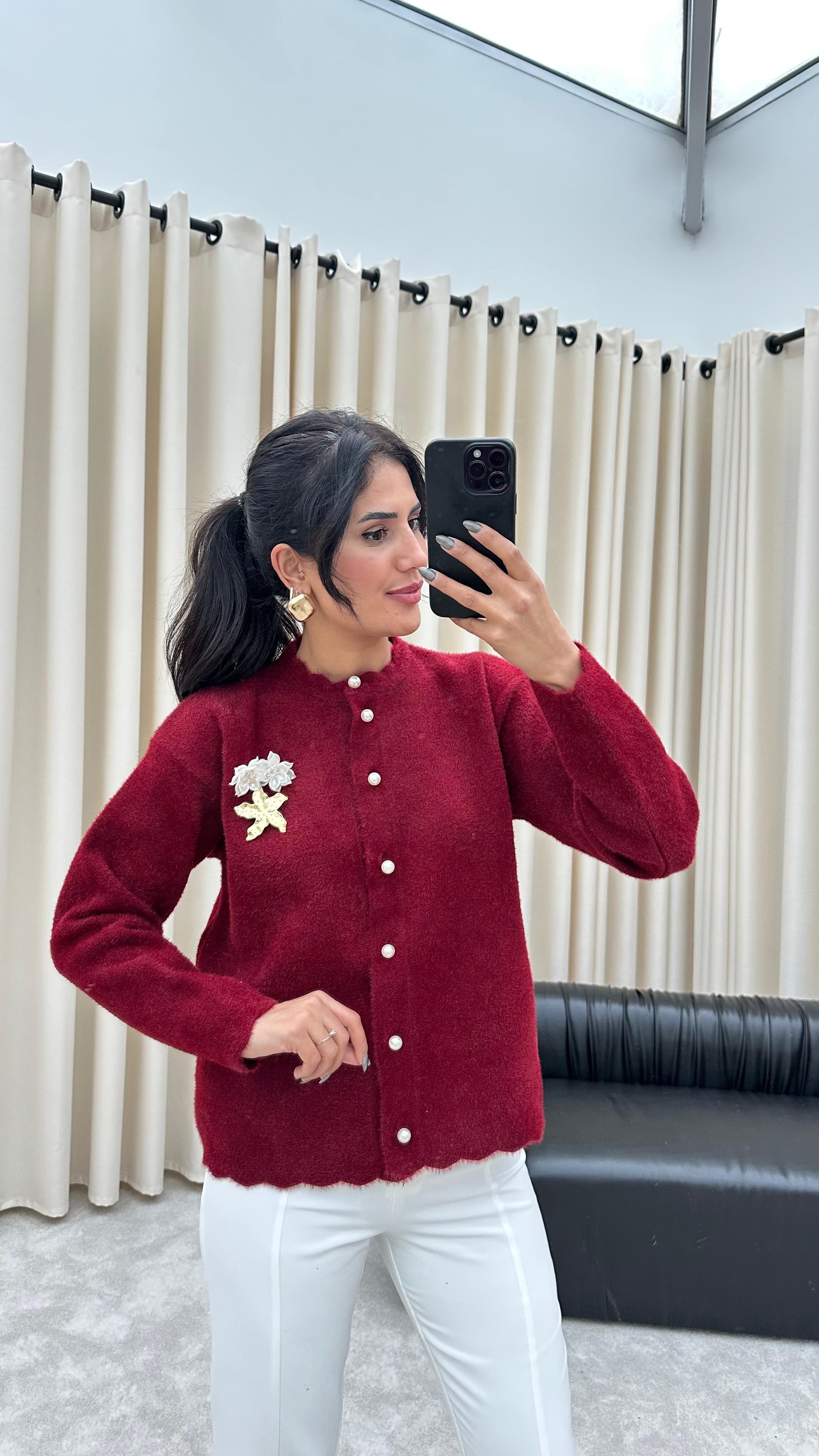 Broş Detaylı İnci Düğmeli Angora Hırka (Bordo)