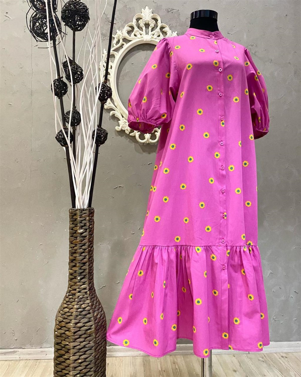 Çiçek Baskılı Coton Kumaş Balon Kol Midi Elbise (PEMBE)