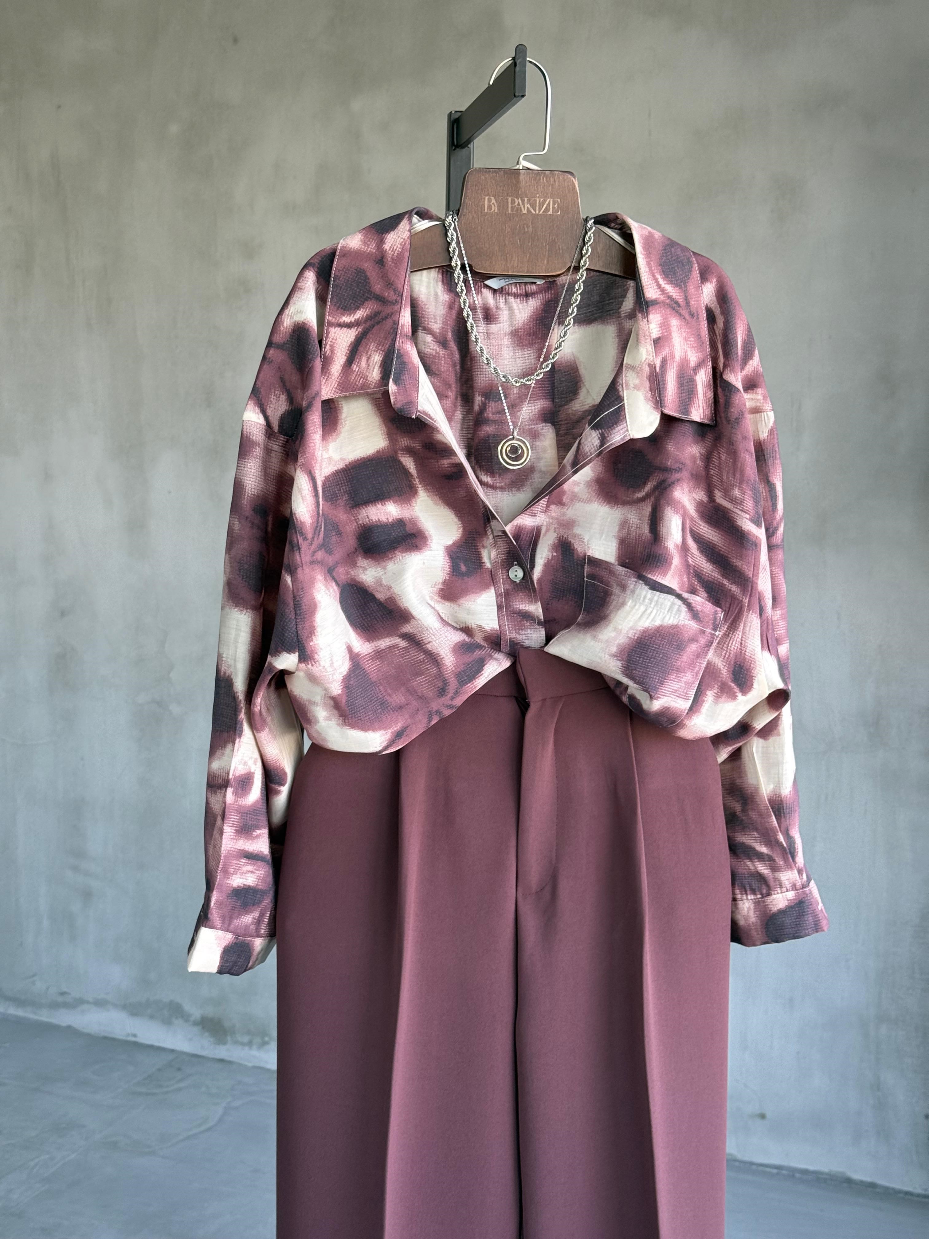 Çiçek Desenli Düşük Omuzlu Oversize Gömlek (Bordo)