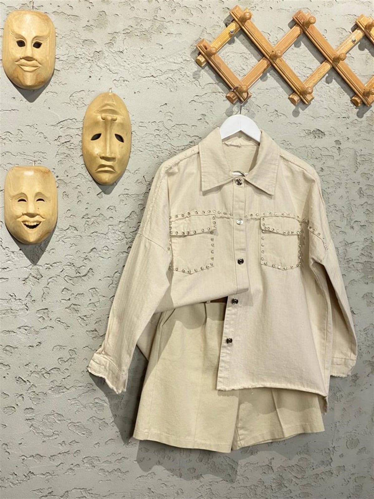 Çift Cep Taş İşlemeli Gabardin Gömlek Ceket (Taş)