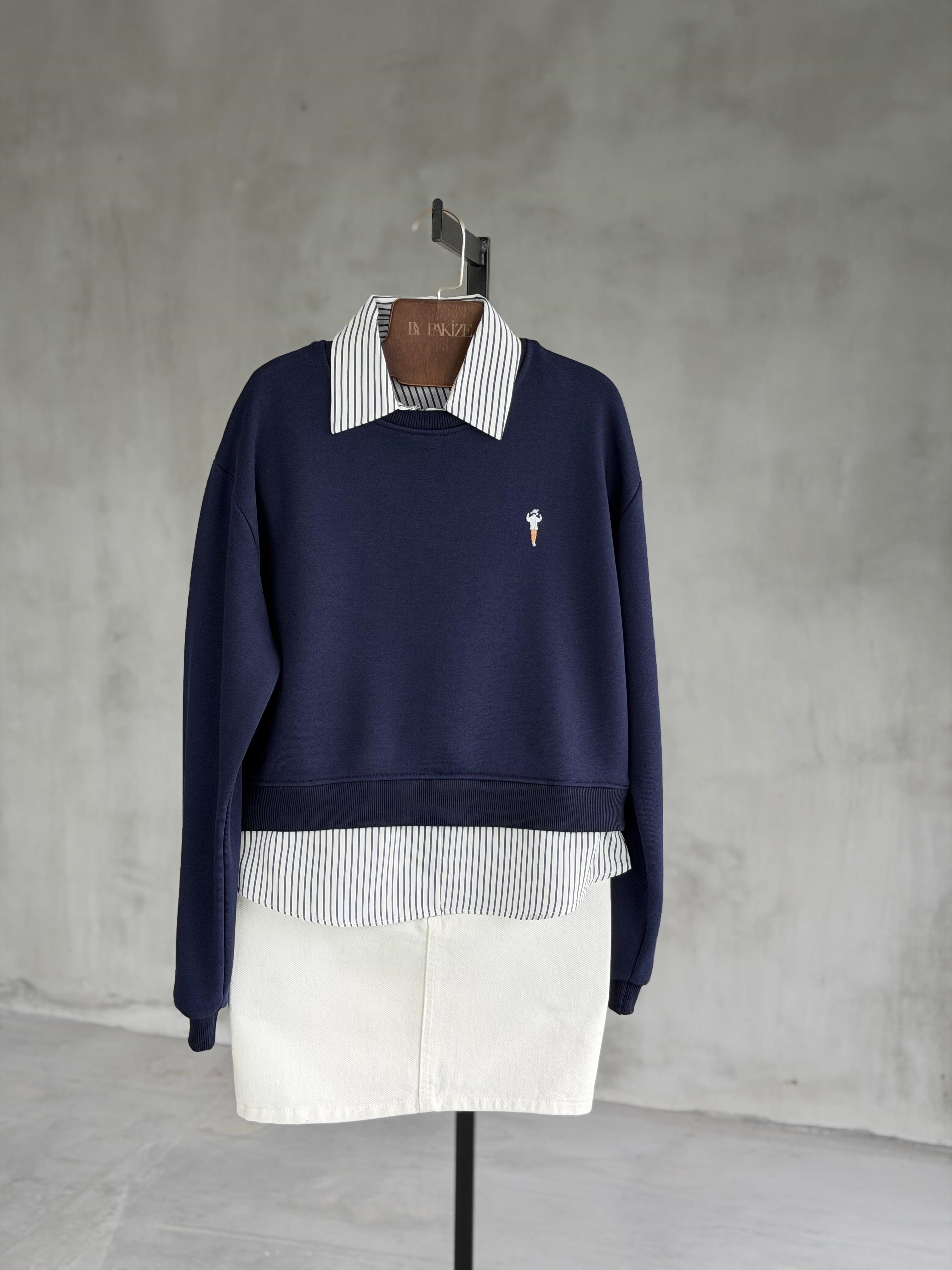 Çıkarılabilir Gömlek Yakalı Armalı Katmanlı Görünümlü Sweatshirt (Lacivert)