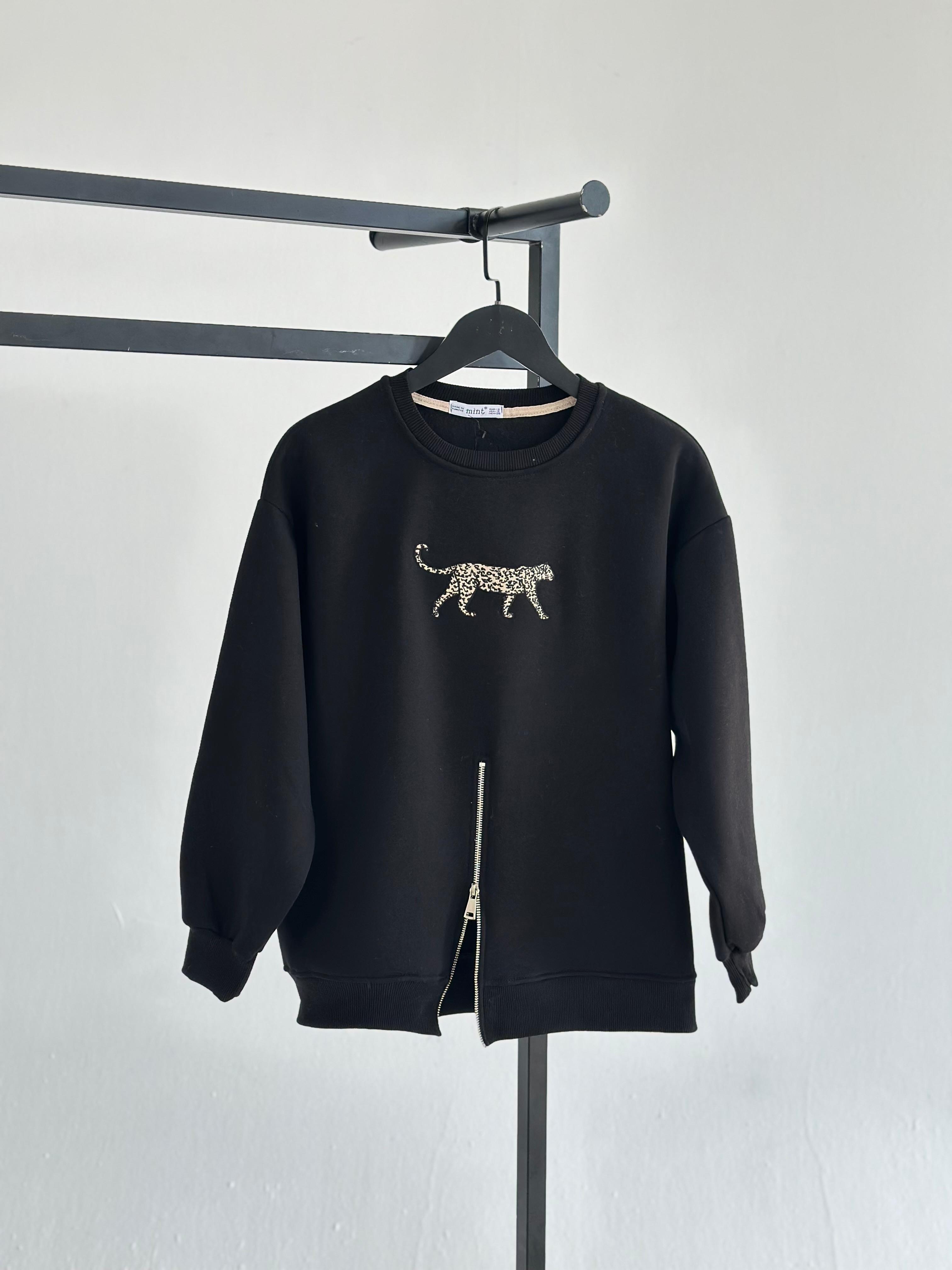 Çita Nakış İşlemeli Fermuar Detaylı Sweat (Siyah)