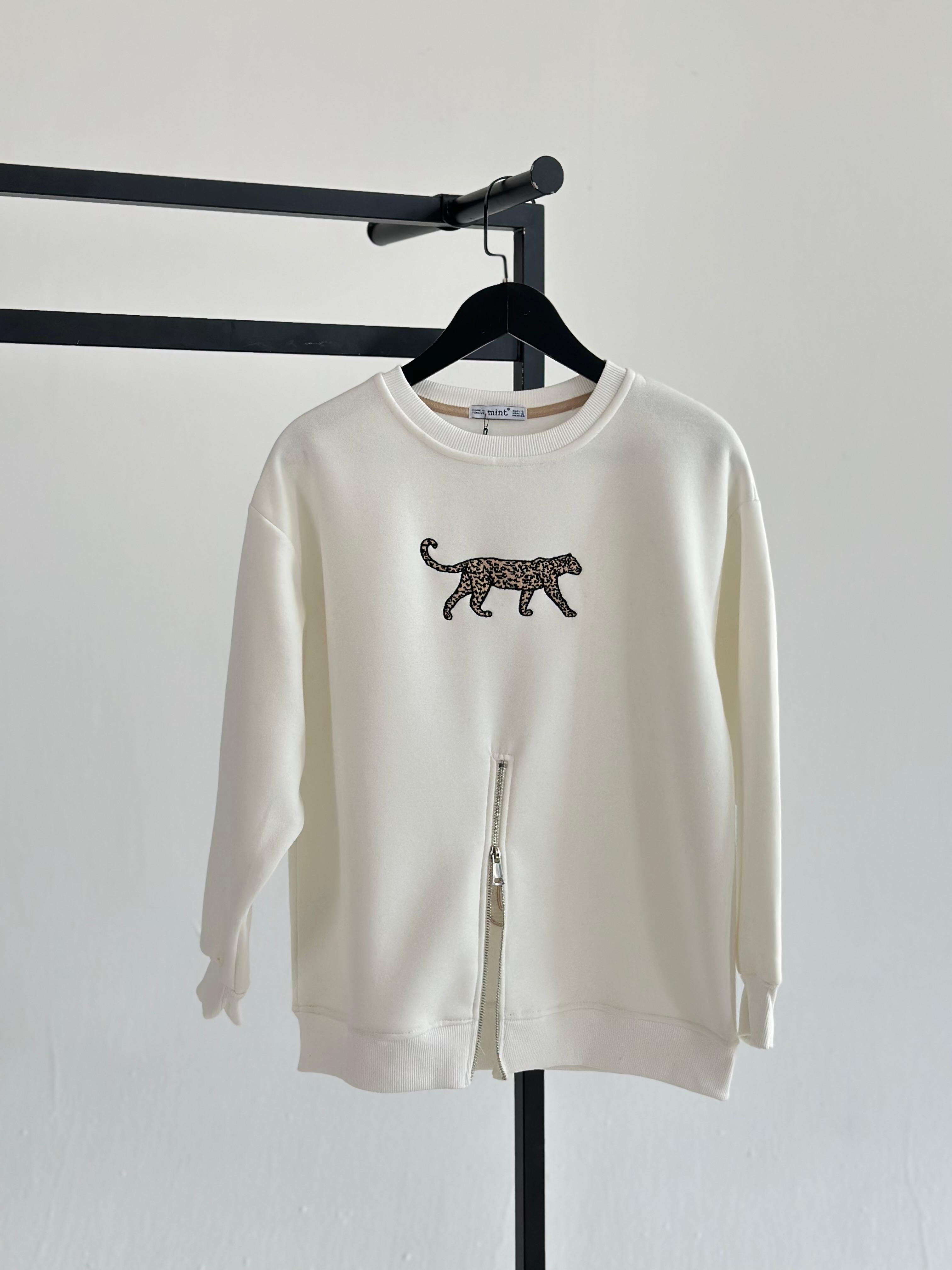 Çita Nakış İşlemeli Fermuar Detaylı Sweat (Beyaz)
