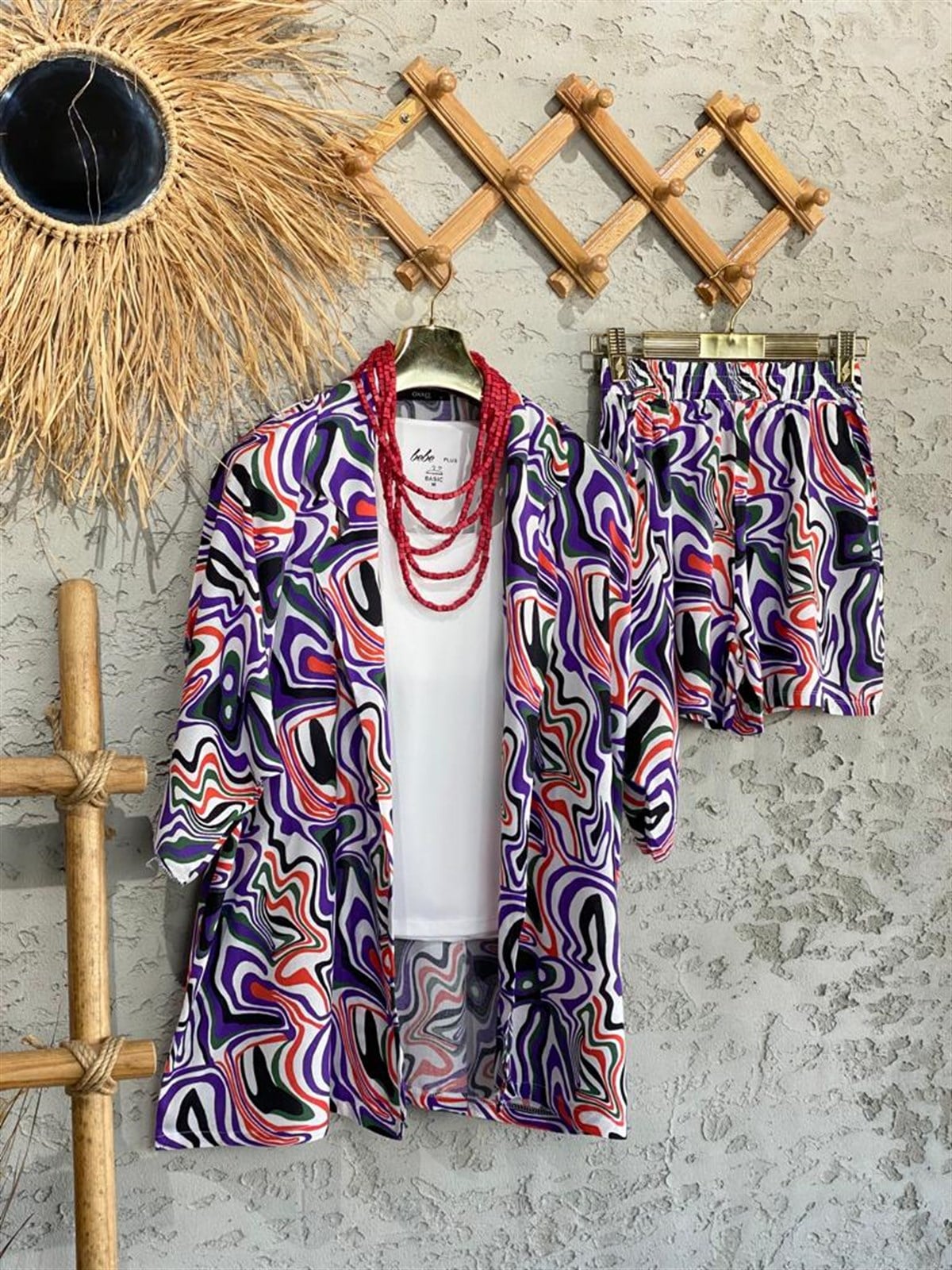 Çizgi Desenli Kimono Şort Takım