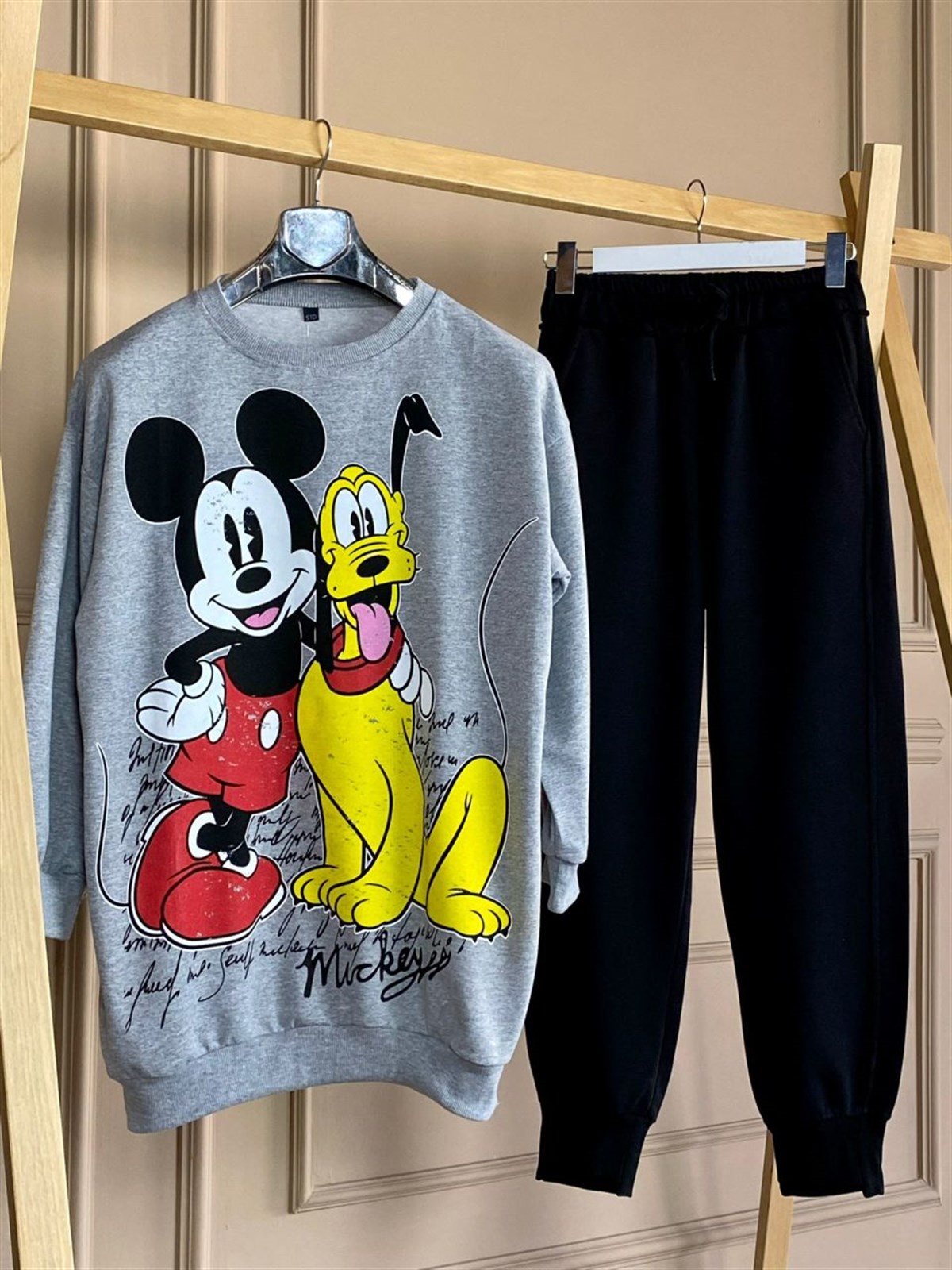 Çizgi Kahraman Baskı Detaylı Tunik Sweat (Gri)