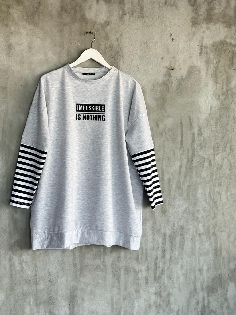Çizgi Kollu Oversize Tunik (Gri)