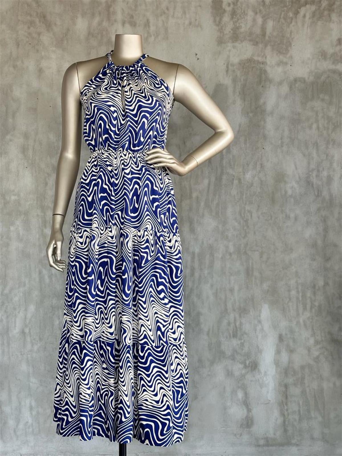 Dalga Desenli Halter Yaka Elbise (Mavi)