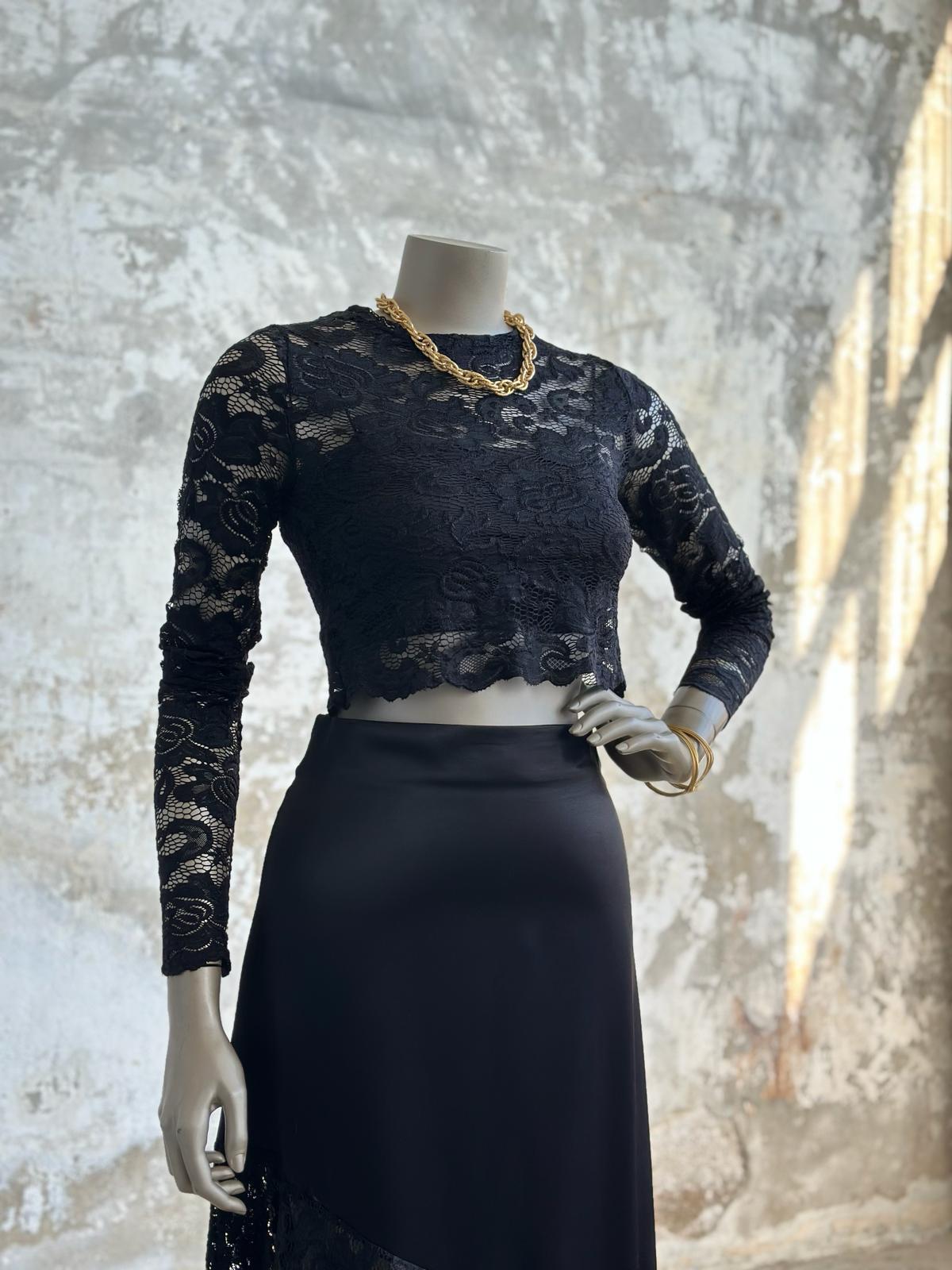 Dantel Crop Bluz (Siyah)