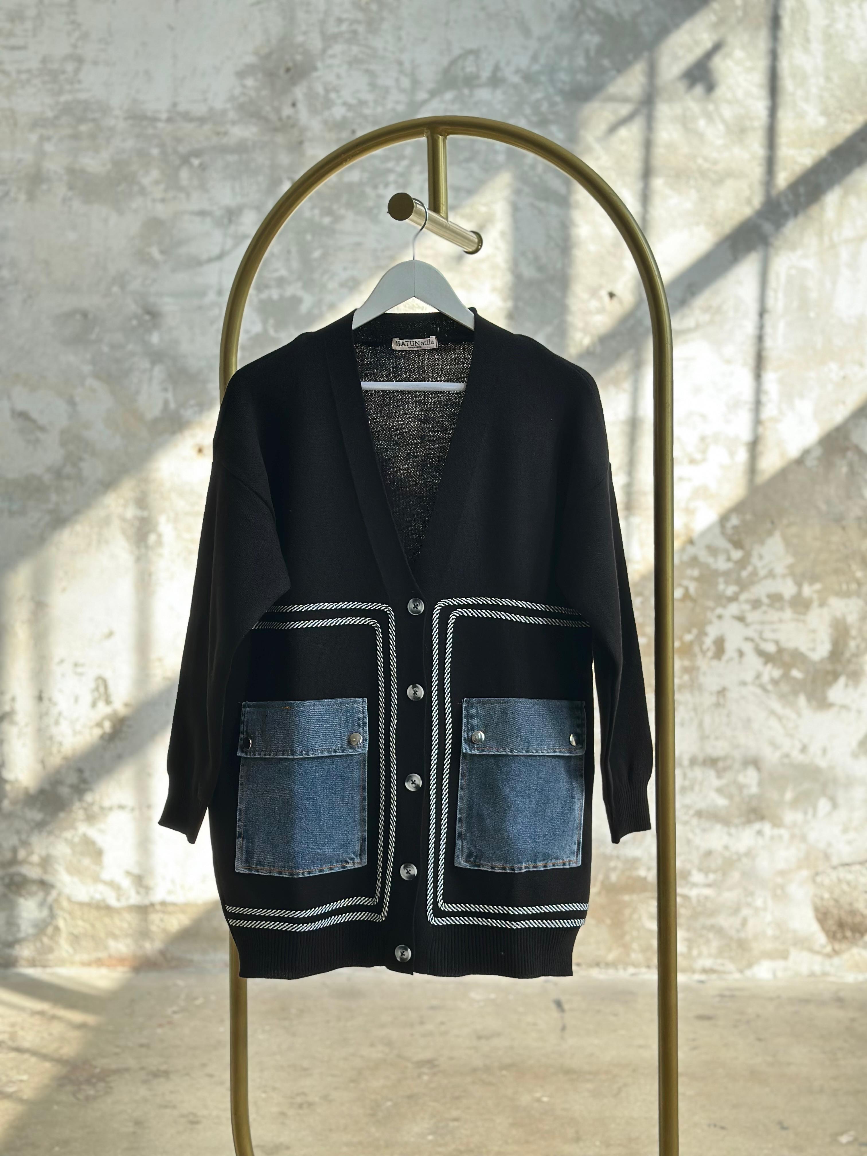 Denim Cep Detaylı Hırka (Siyah)
