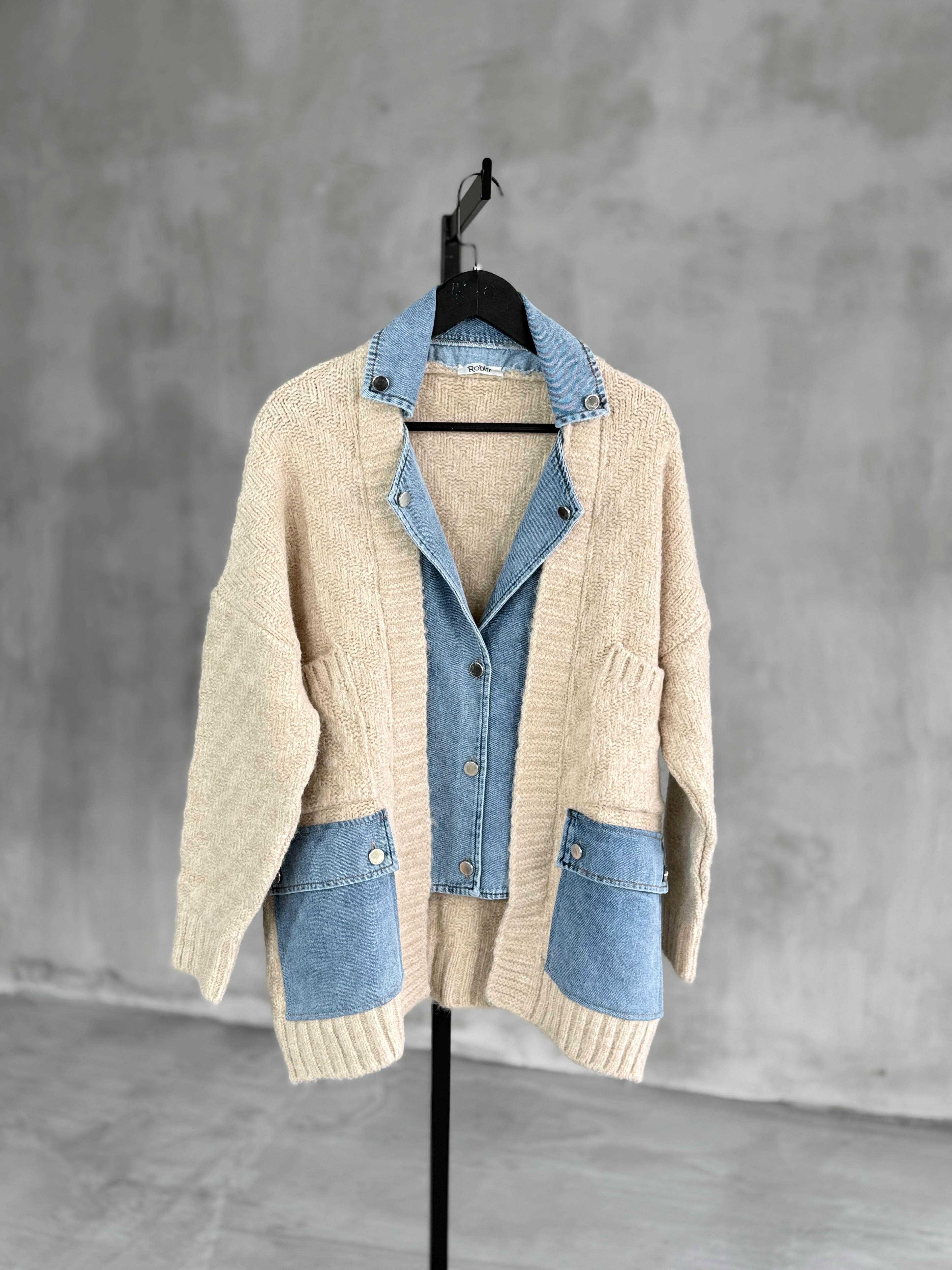 Denim Detaylı Yün Ceket (Ekru)