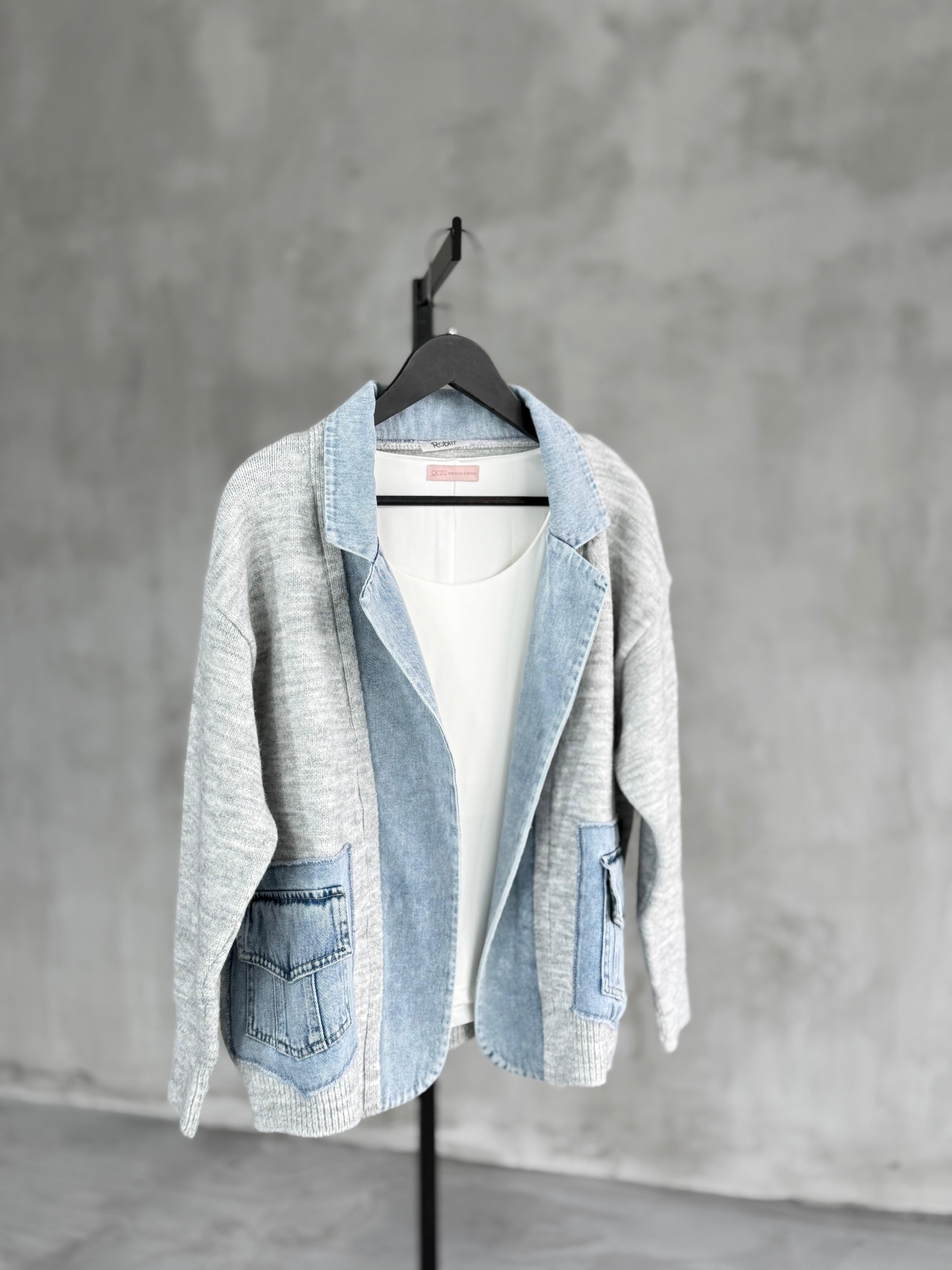 Denim Detaylı Yün Ceket (Gri)