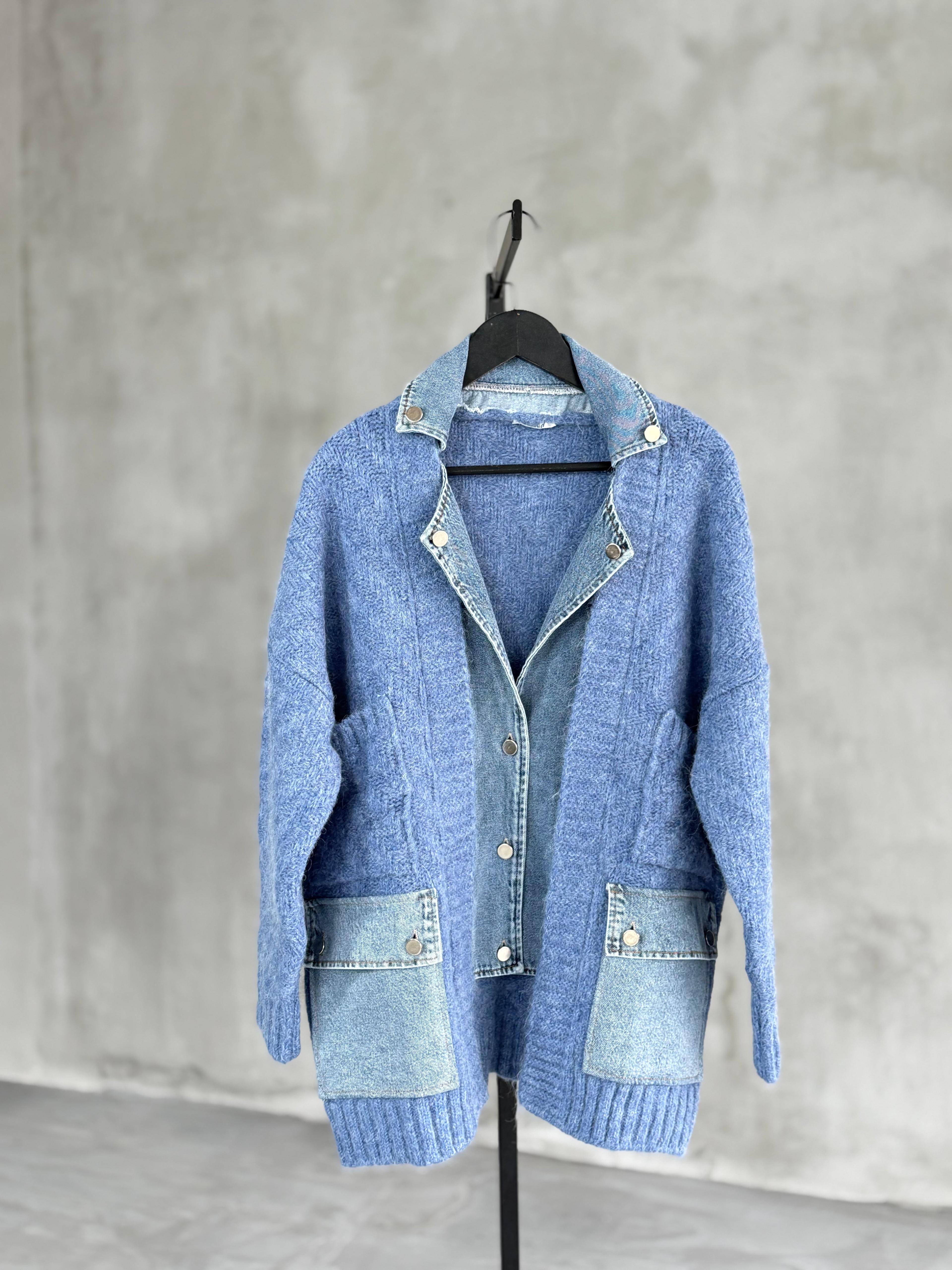 Denim Detaylı Yün Ceket (Mavi)