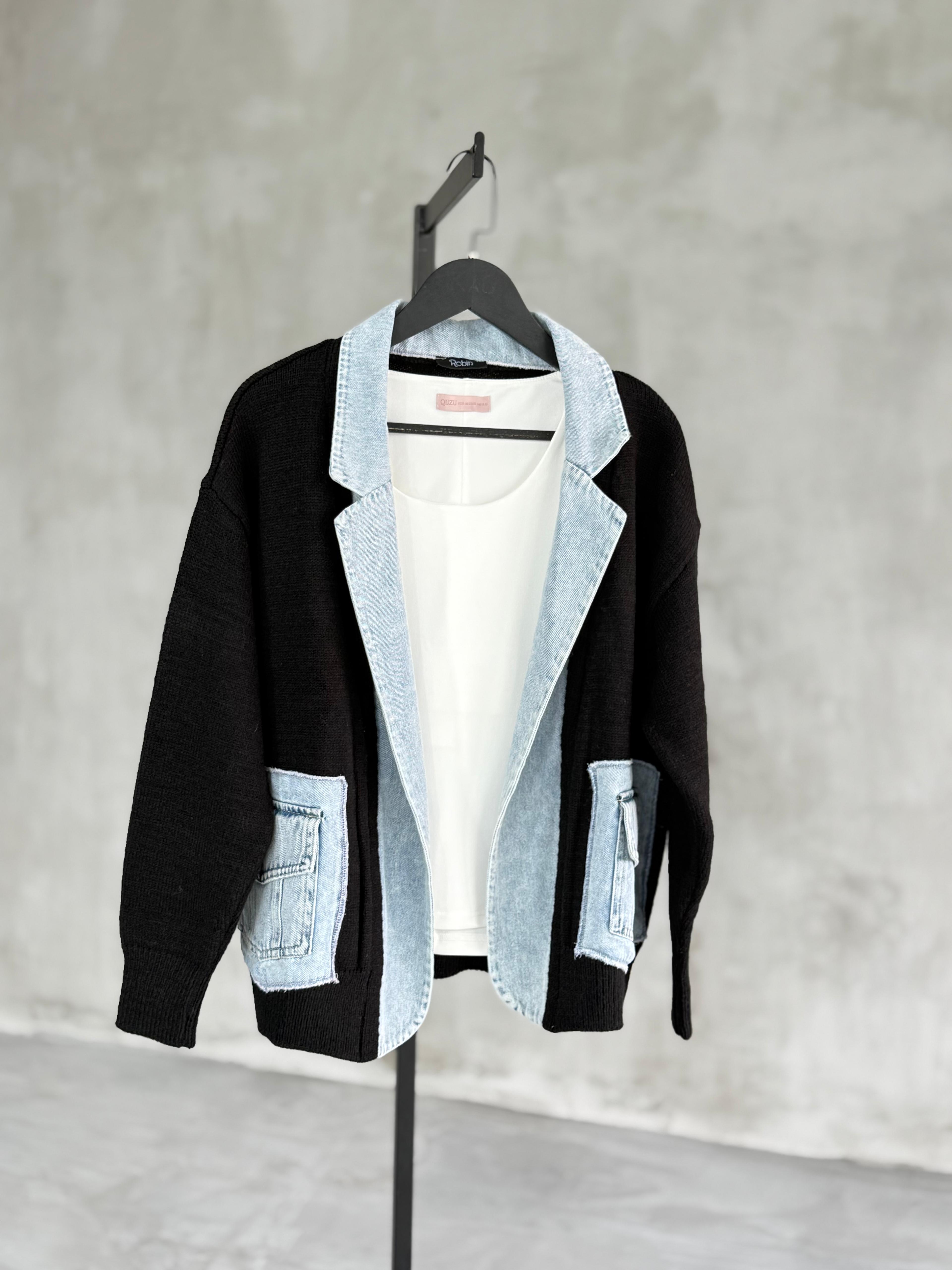 Denim Detaylı Yün Ceket (Siyah)