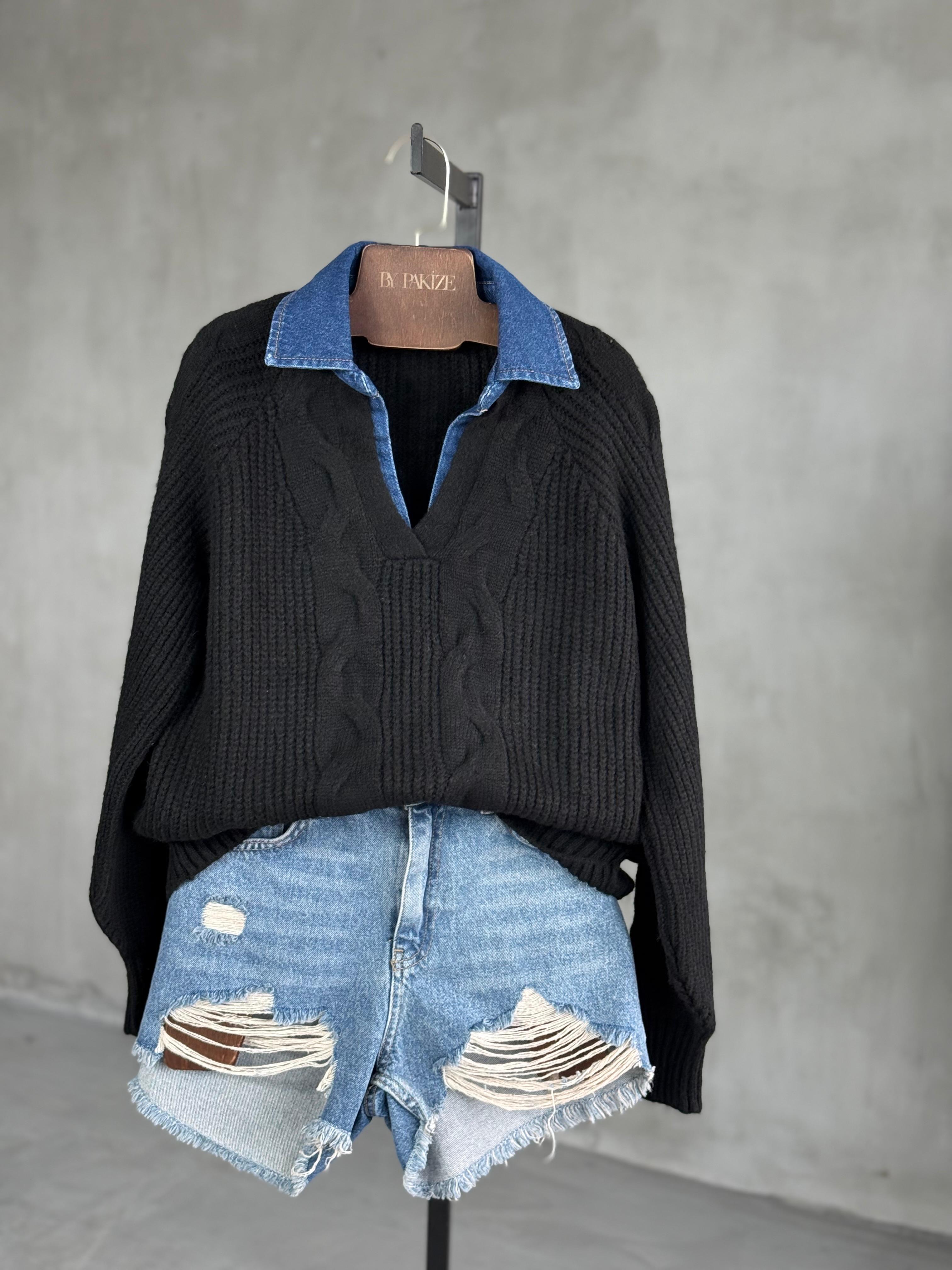Denim Yakalı Saç Örgü Yumoş Kazak (Mavi) 