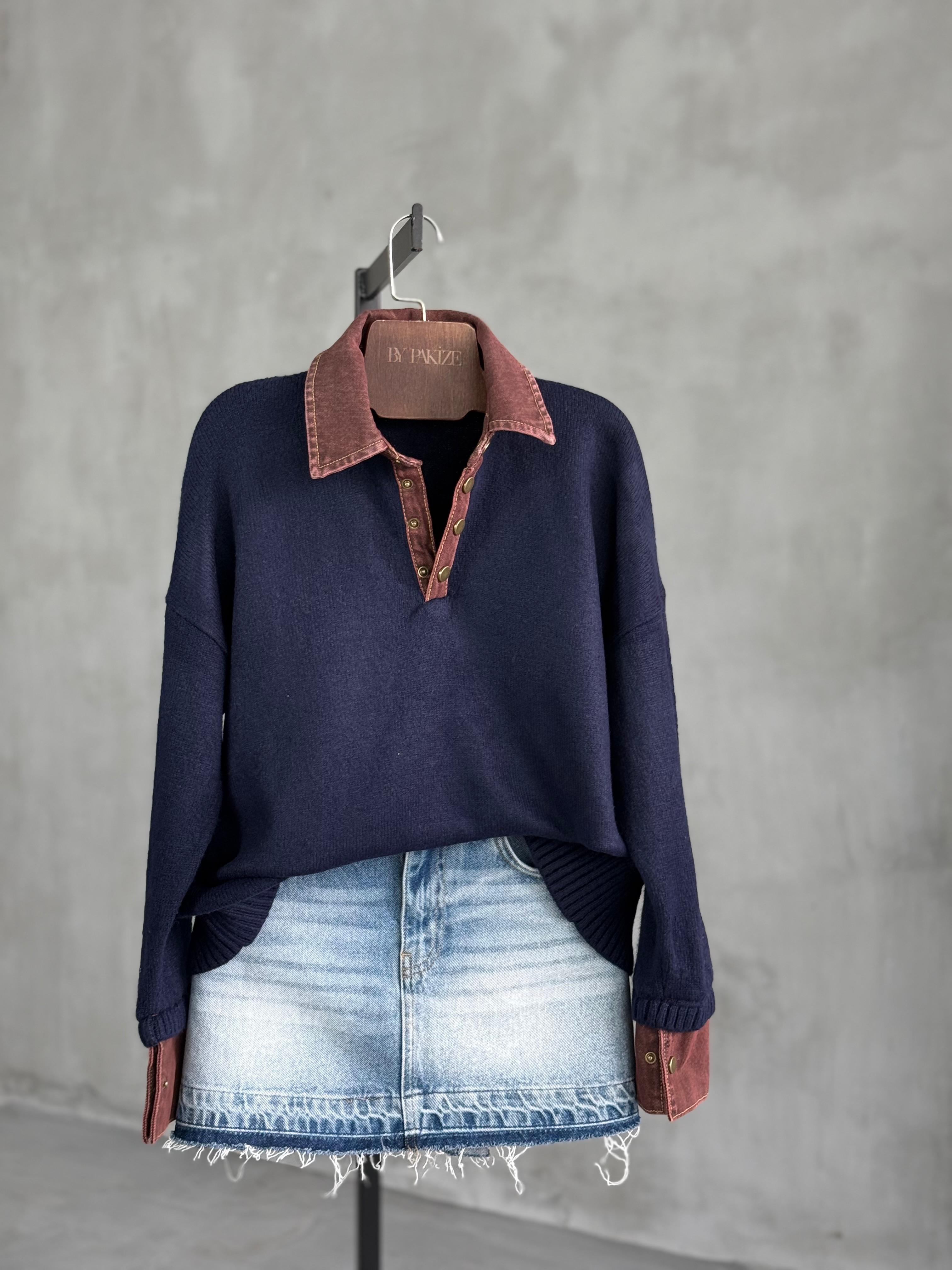Denim Yakalı Yumoş Kazak (Lacivert)