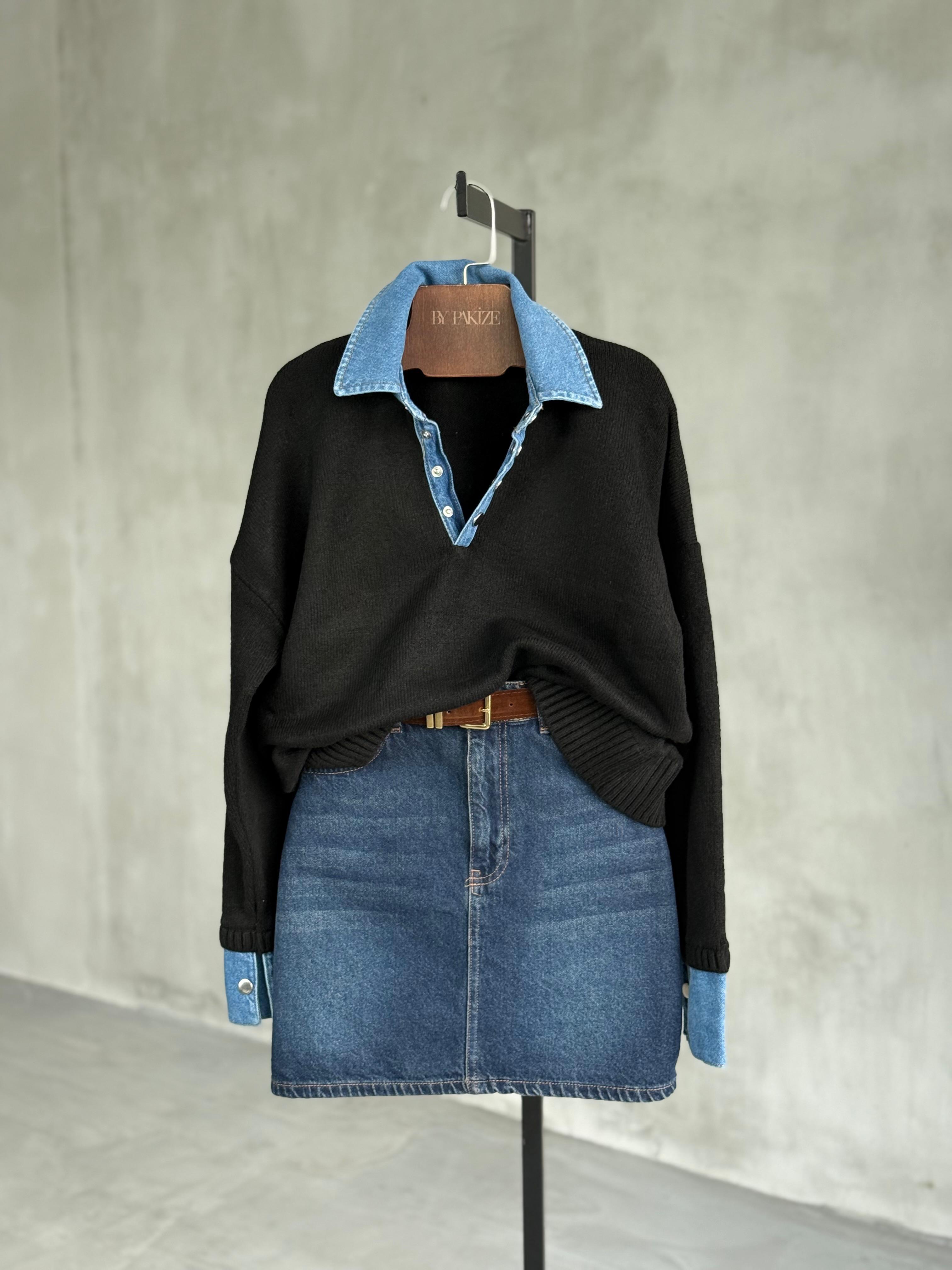 Denim Yakalı Yumoş Kazak (Mavi)