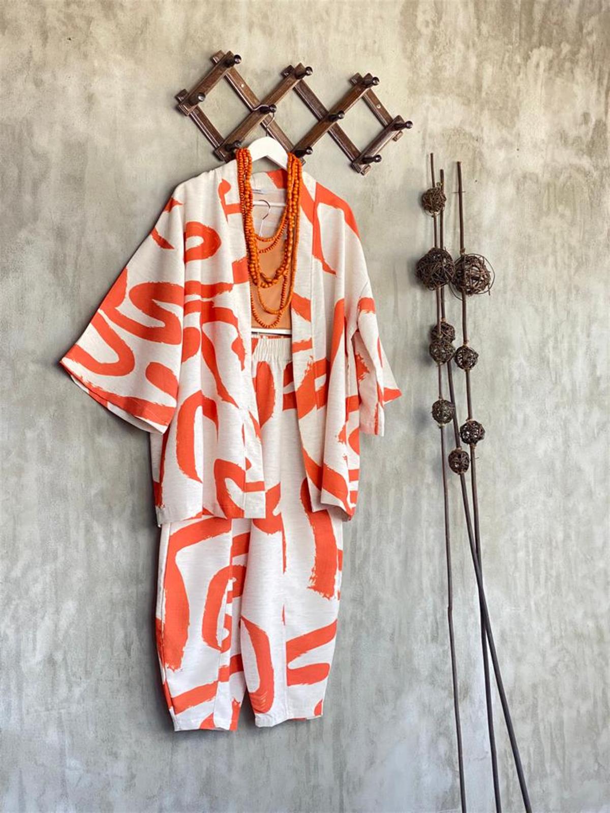 Desenli Taş Rengi Şalvar Pantolon Kimono Takım (Oranj)