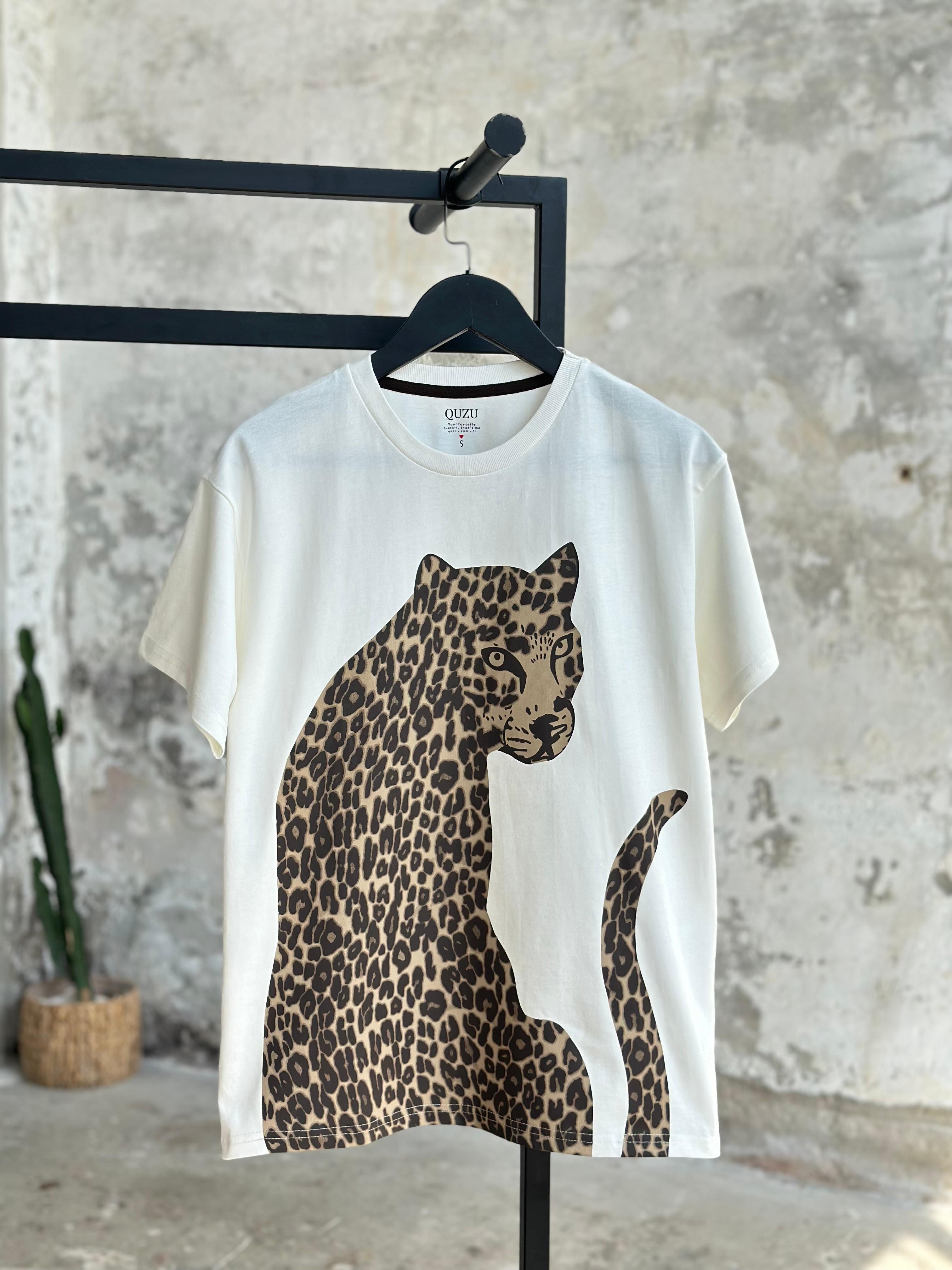 Dokuma Kumaş Leopar Desenli Tişört (Beyaz)