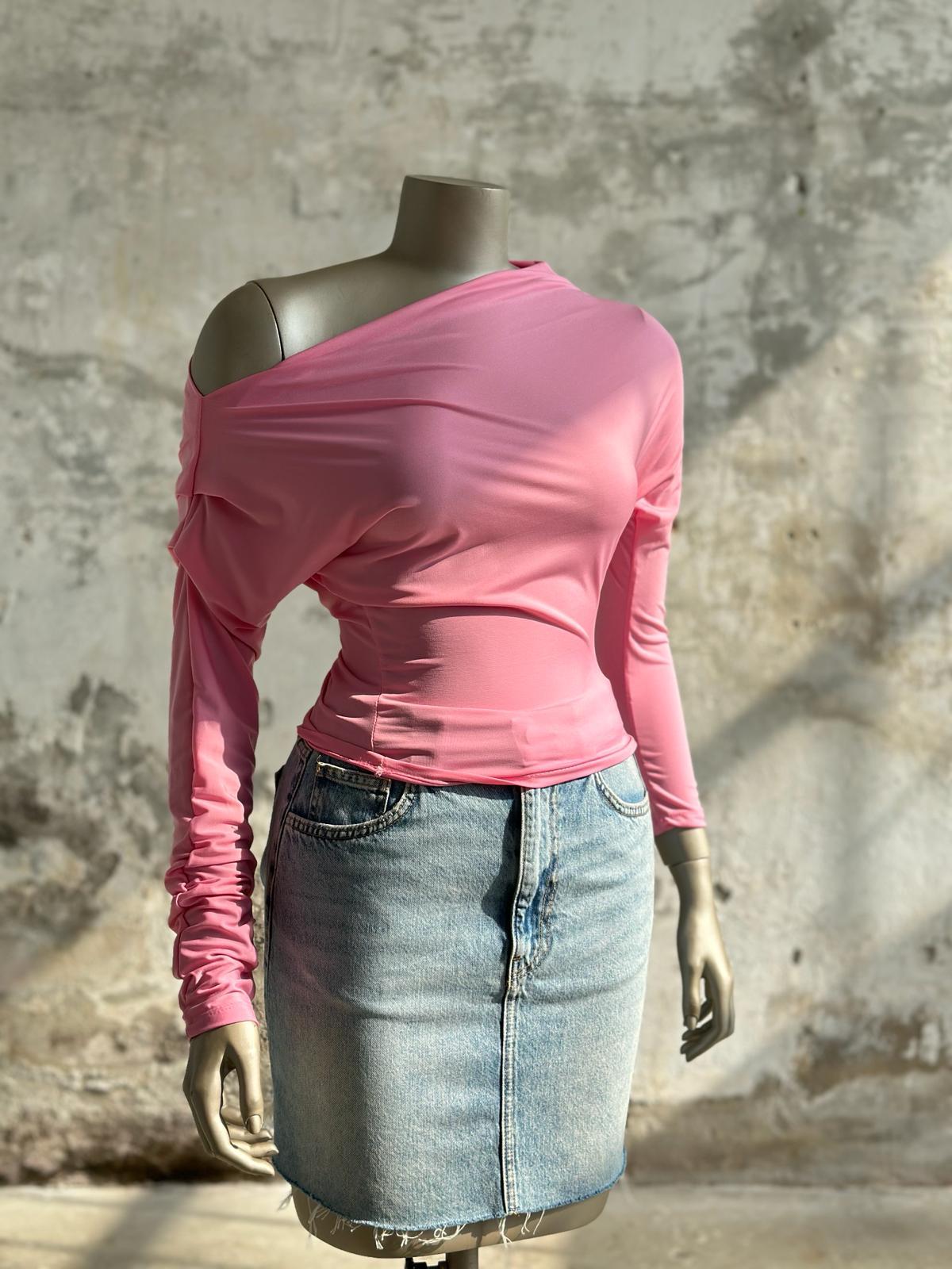 Drapeli Düşük Omuz Sandy Bluz (Pembe)