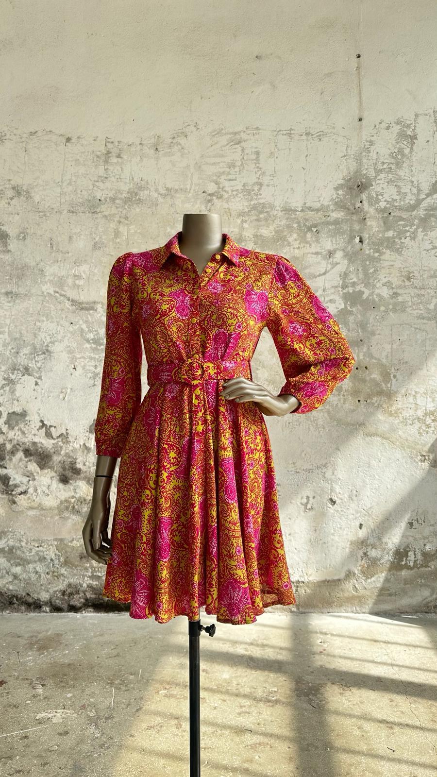 Etnik Desen Kemerli Elbise (Sarı)
