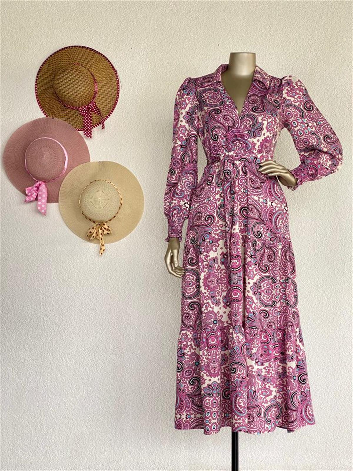 Etnik Desen Kruvaze Yaka Elbise (Pembe)