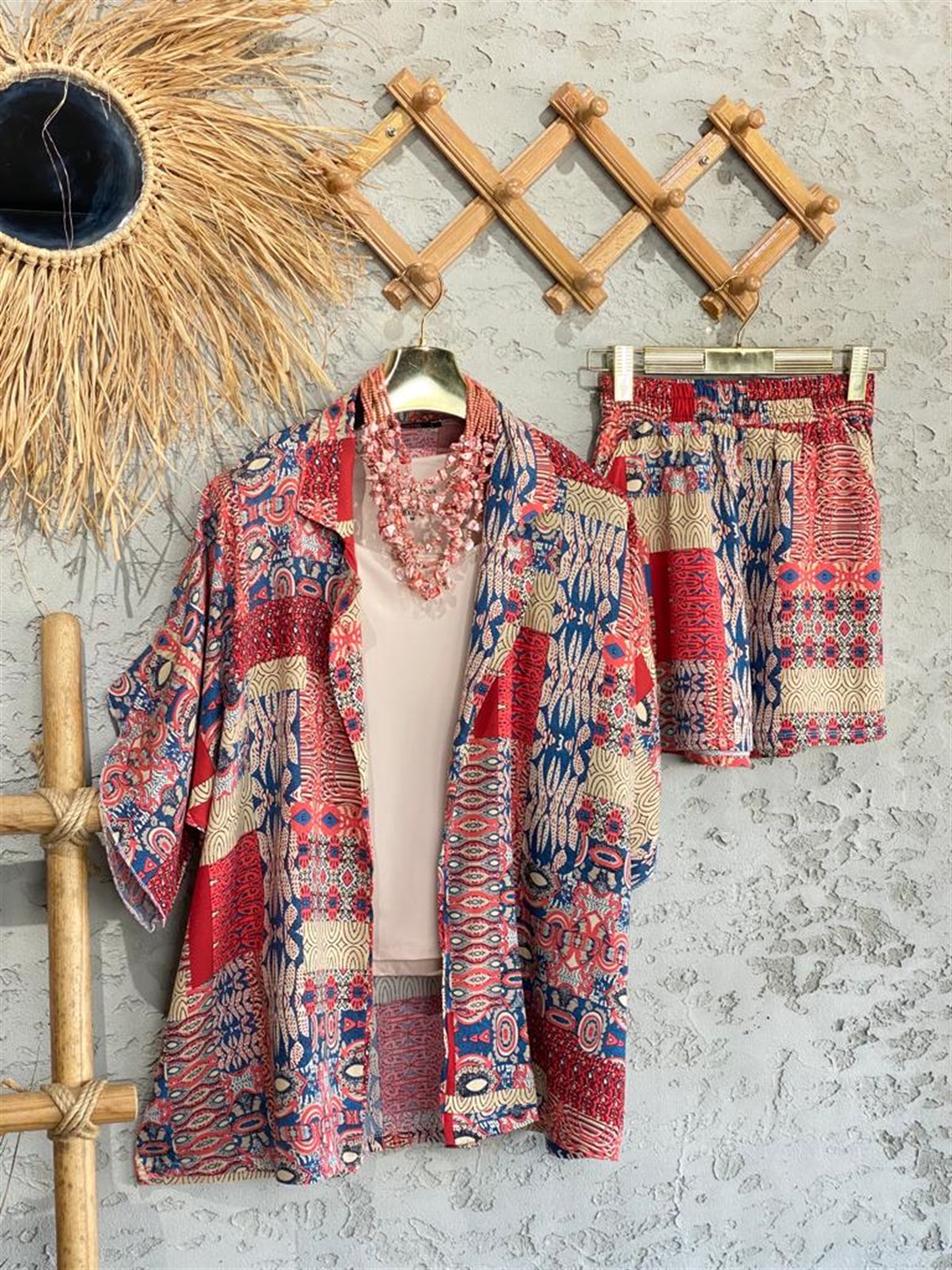 Etnik Desenli Kimono Şort Takım