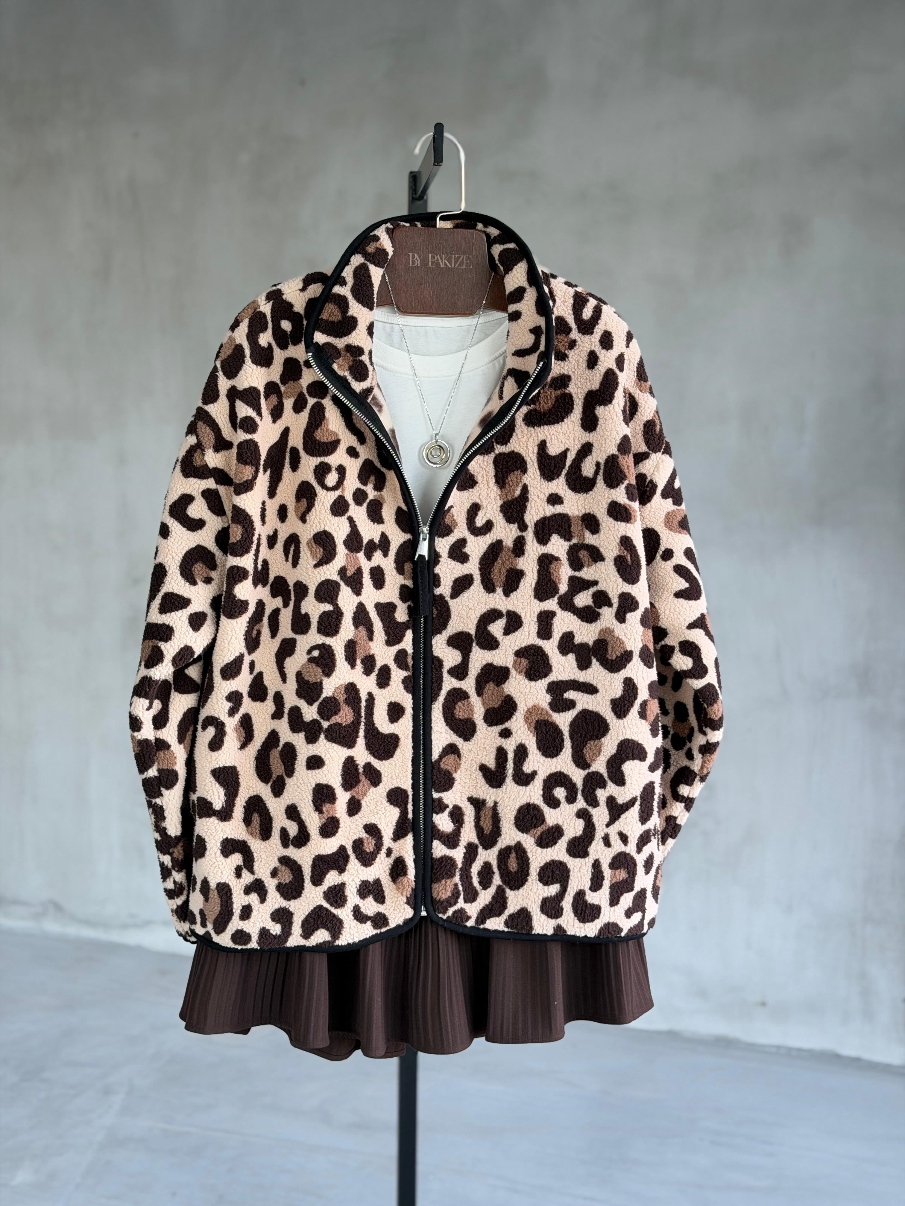 Fermuarlı Leopar Desenli Peluş Teddy Cepli Ceket (Kahve)  