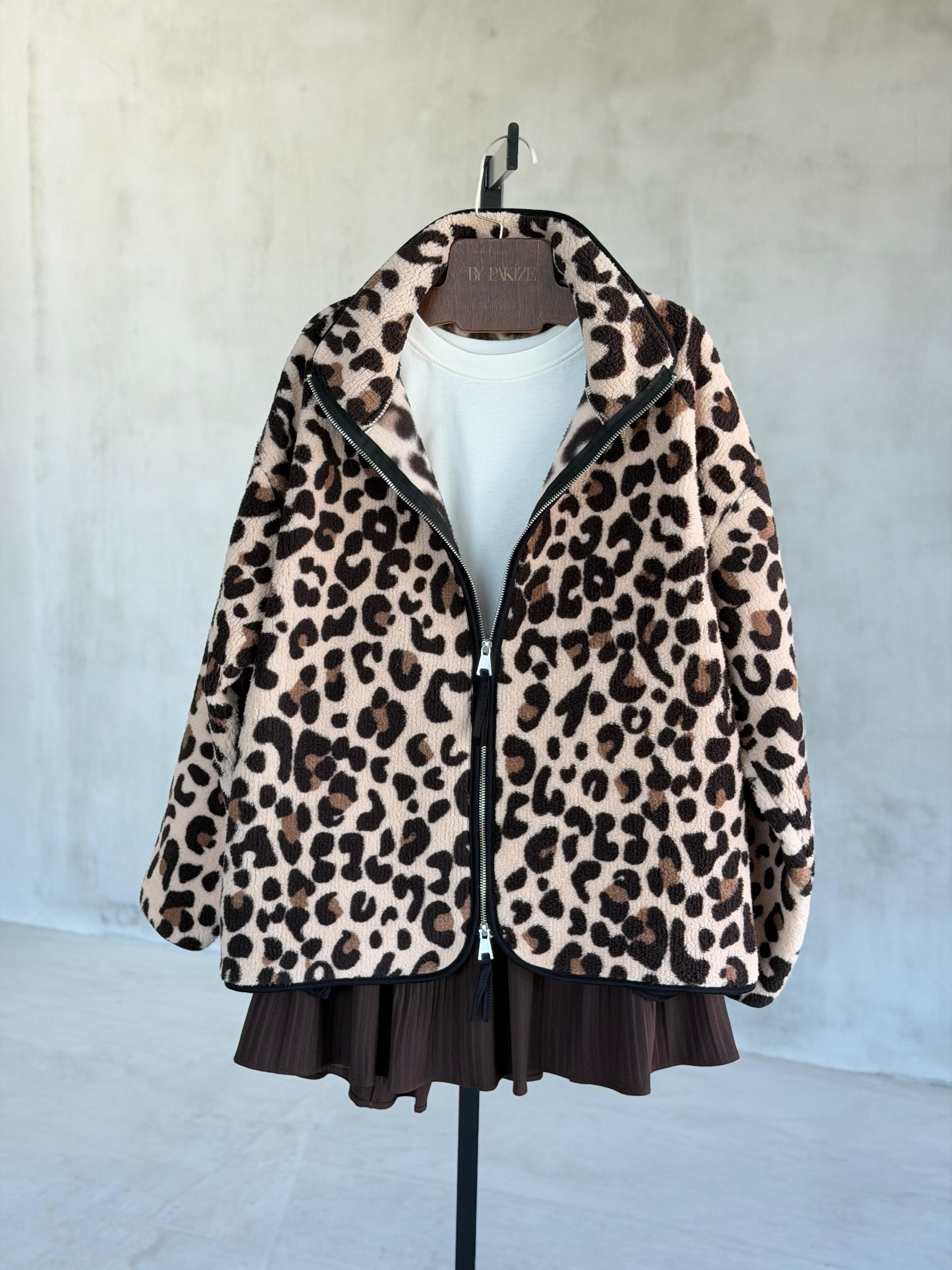 Fermuarlı Leopar Desenli Peluş Teddy Cepli Ceket (Kahve)  