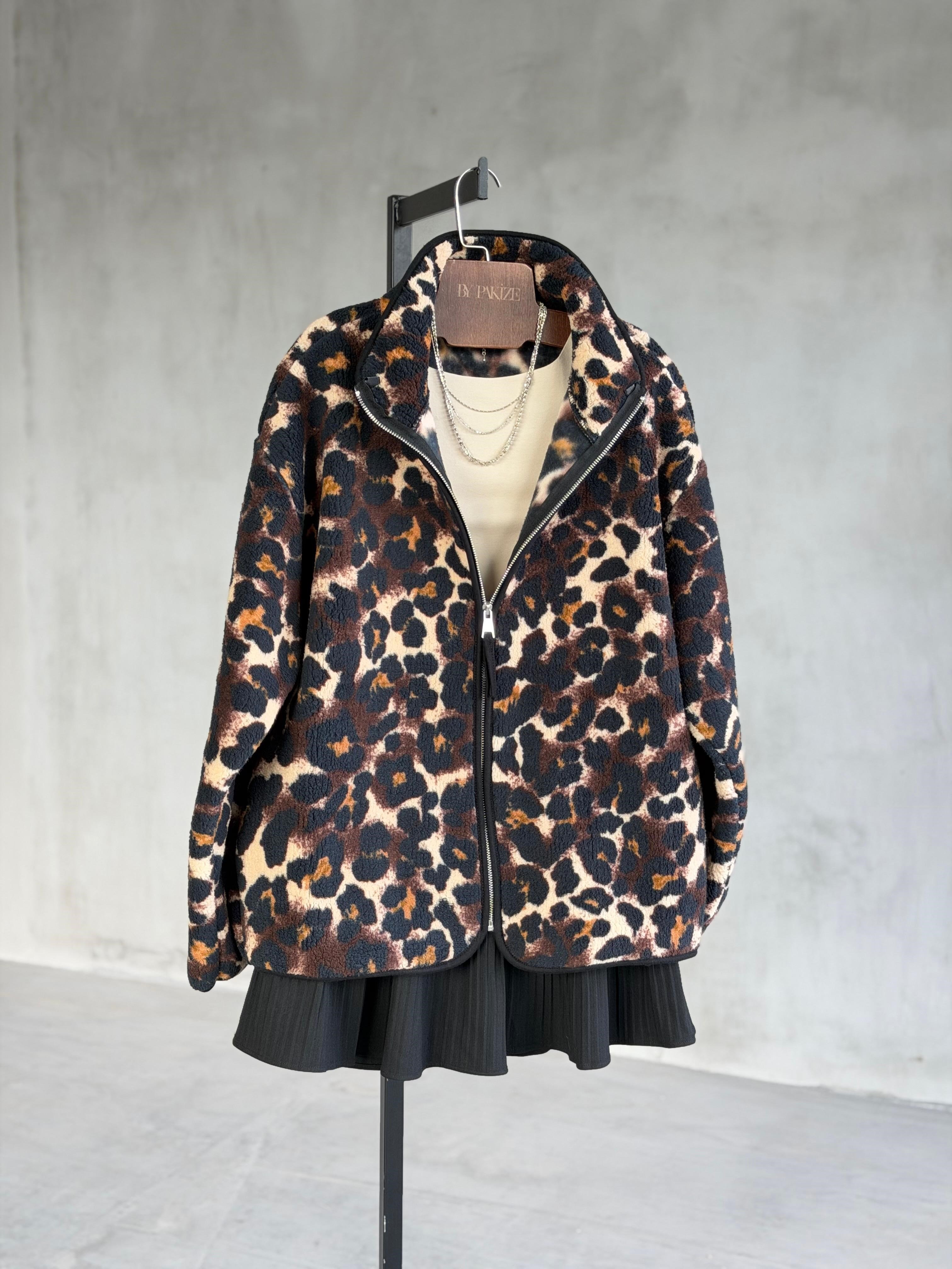 Fermuarlı Leopar Desenli Peluş Teddy Cepli Ceket (Siyah)