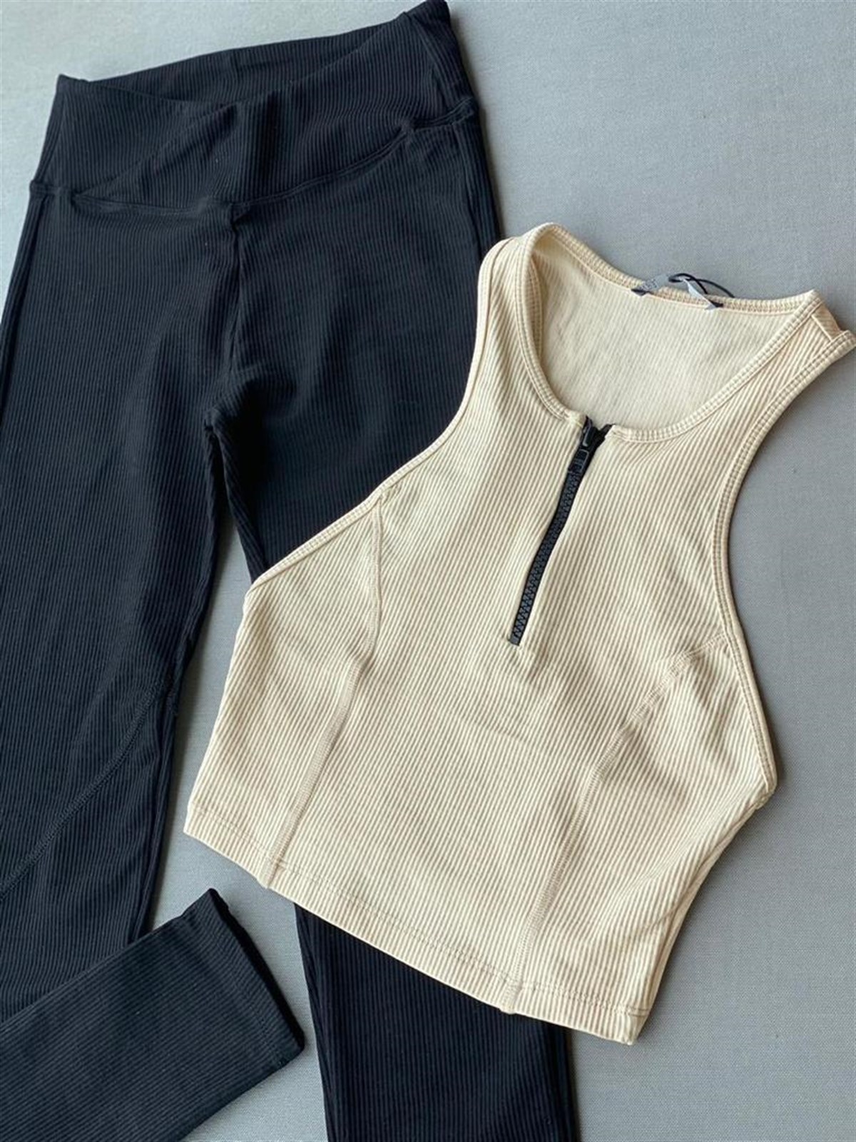 Fitilli Fermuar Detaylı Crop (Bej)