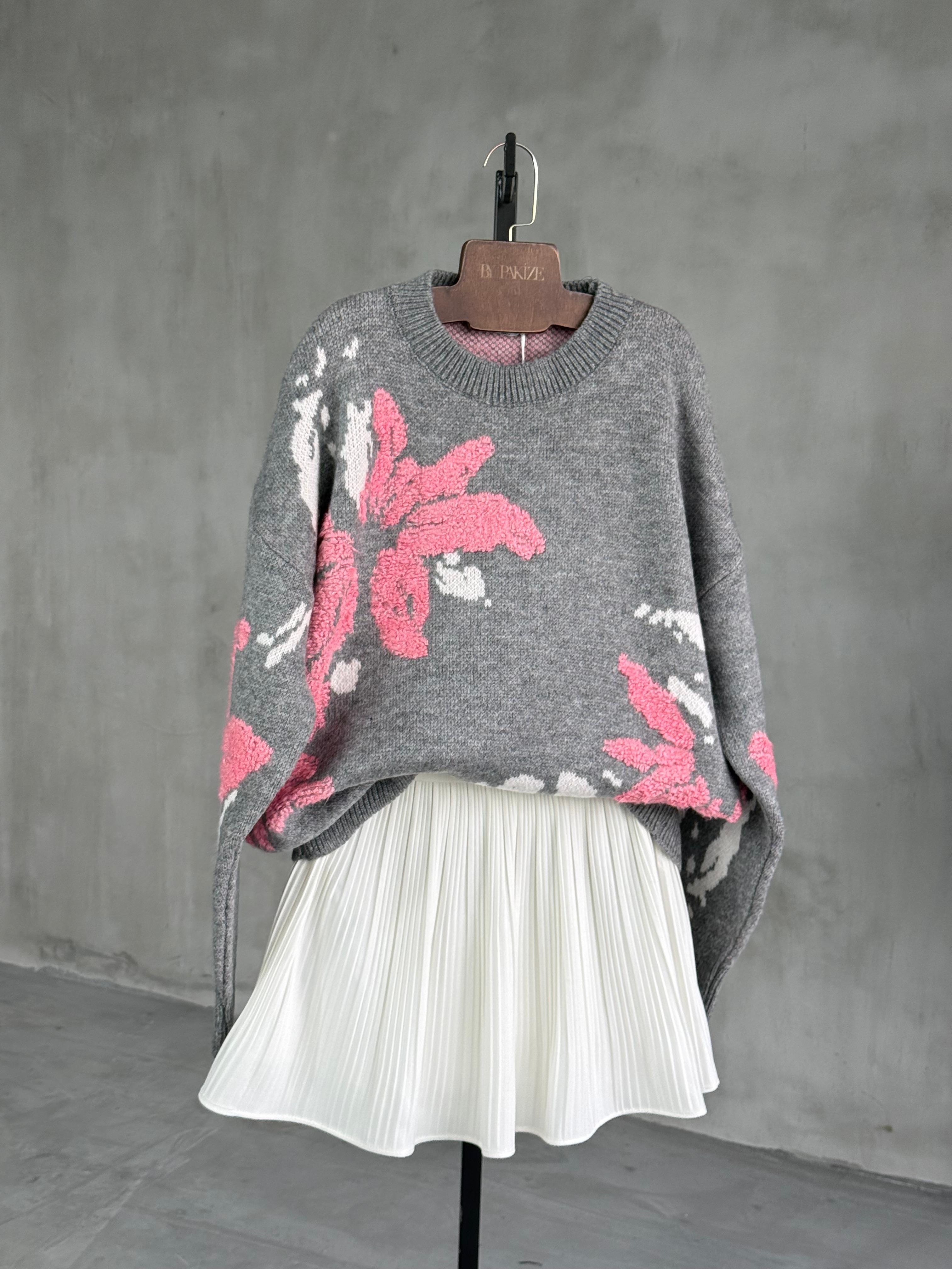 Floral Çiçek Desenli Tasarım Kazak (Pembe) 