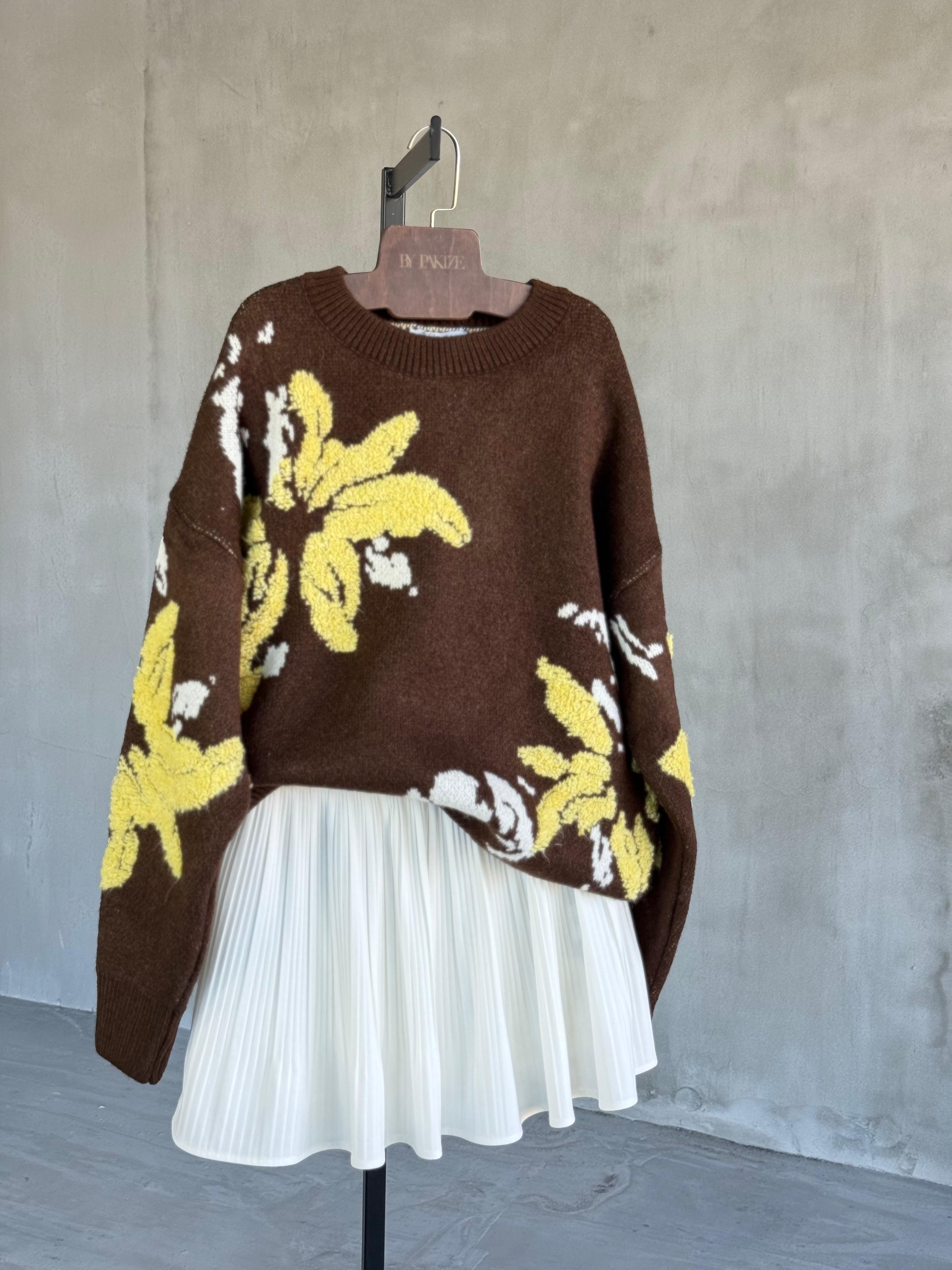 Floral Çiçek Desenli Tasarım Kazak (Sarı)