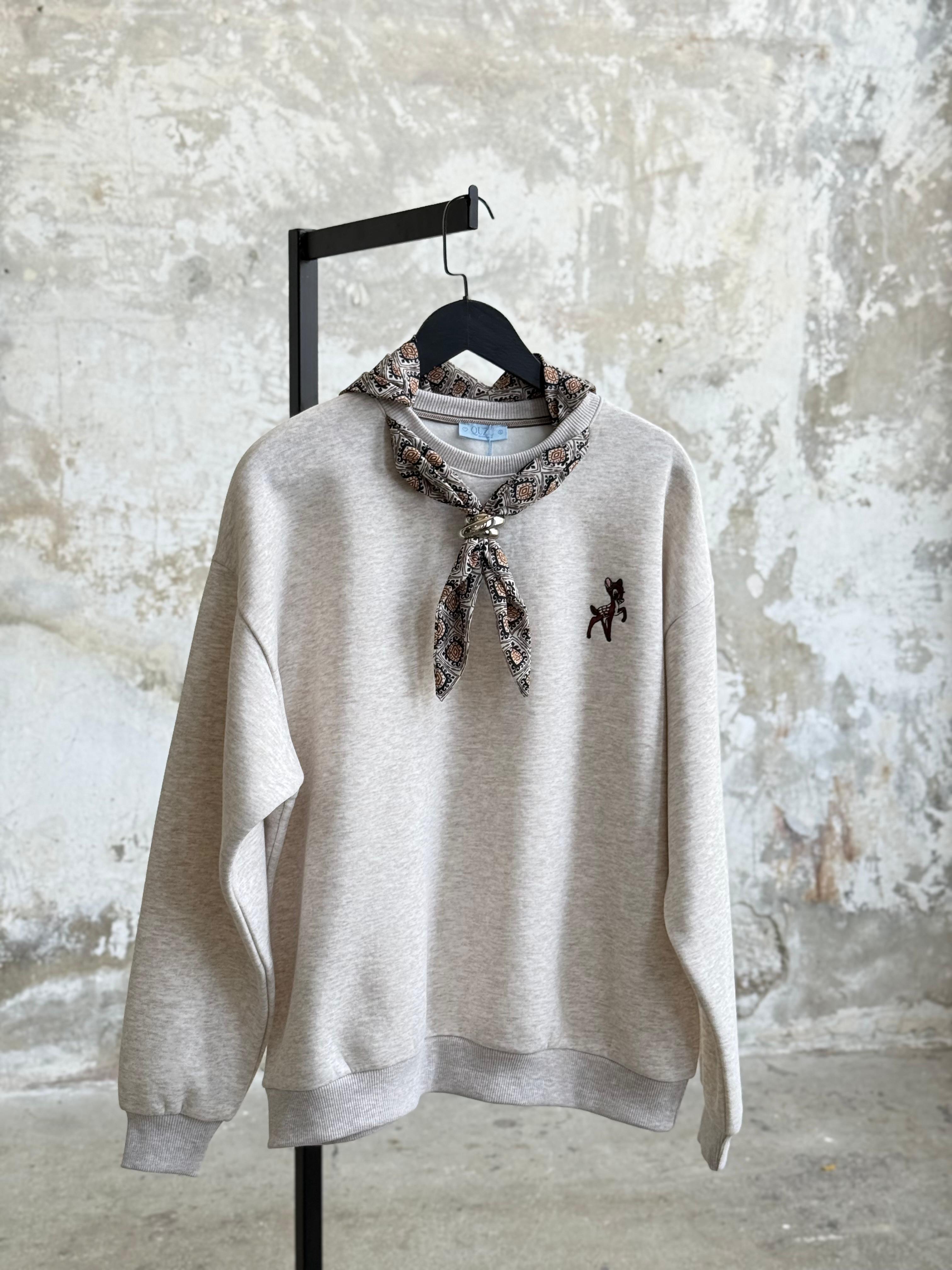 Fular Aksesuarlı Nakışlı Oversize Sweatshirt (Bej)