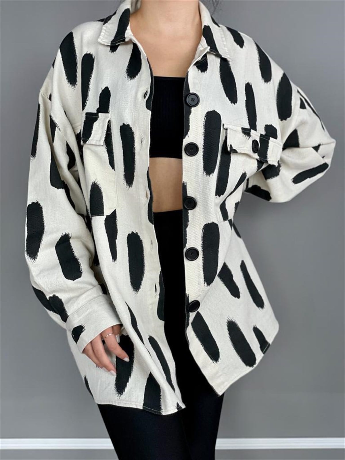 Gabardin Kumaş Fırça Desenli Oversize Gömlek