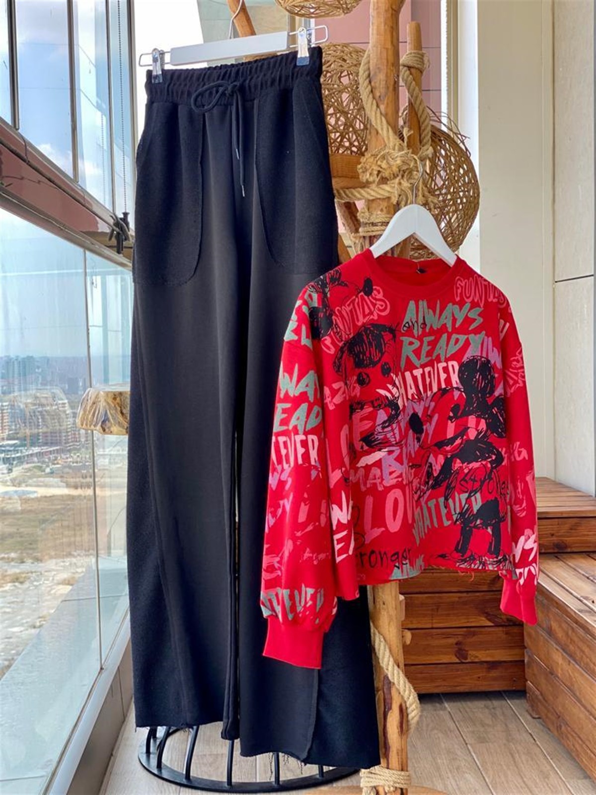 Geniş Paça İkiiplik Sweat Kumaş Pantolon (SİYAH)