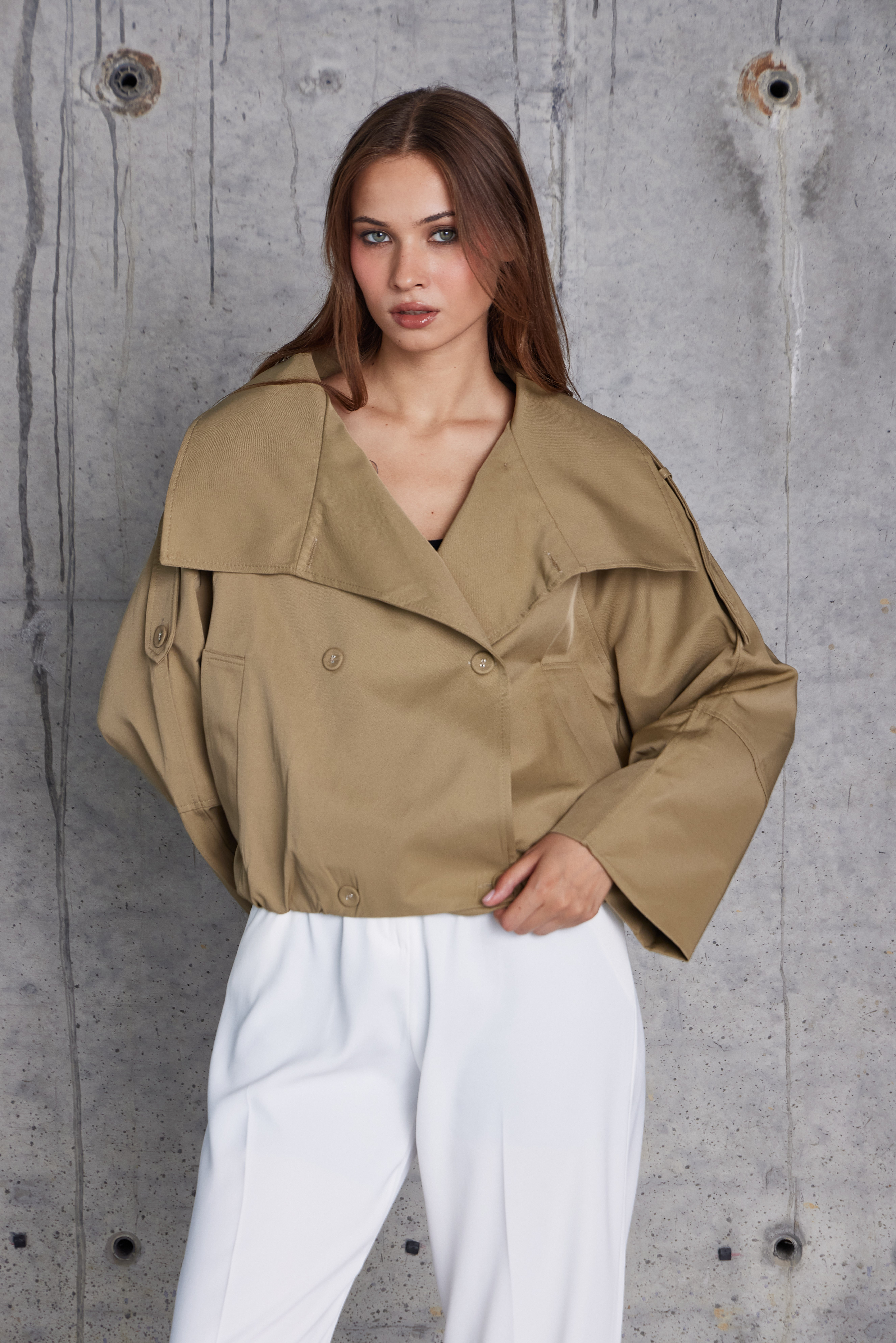 Geniş Yakalı Oversize Ceket (Haki)