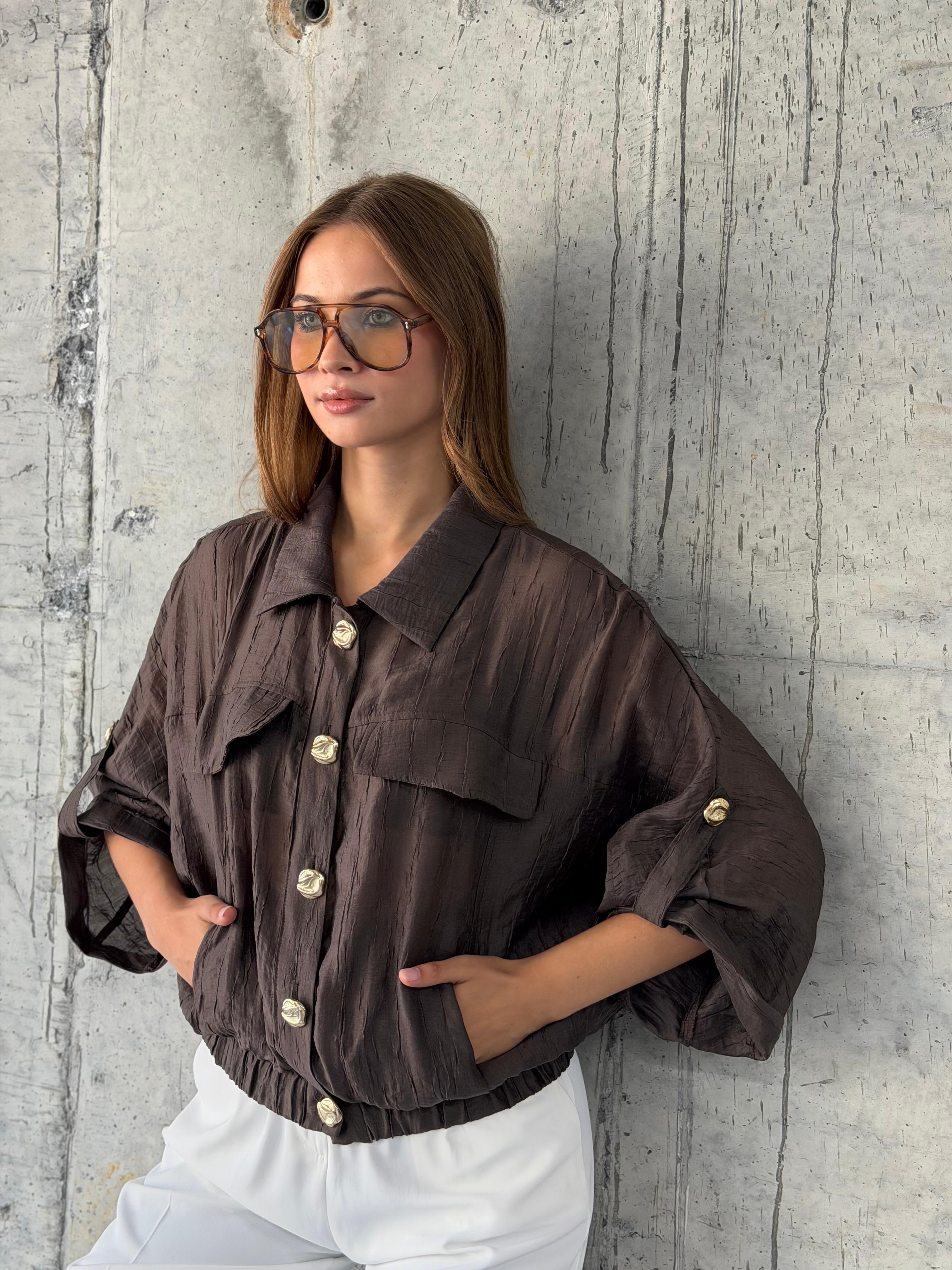 Gold Düğme Detaylı Premium Bomber Gömlek Ceket(Kahverengi)