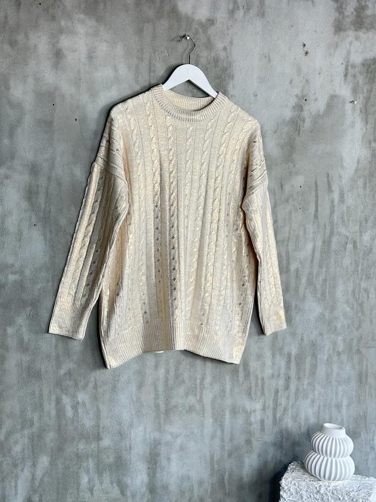 Gold Varaklı Tunik Boy Kadın Kazak (Bej)