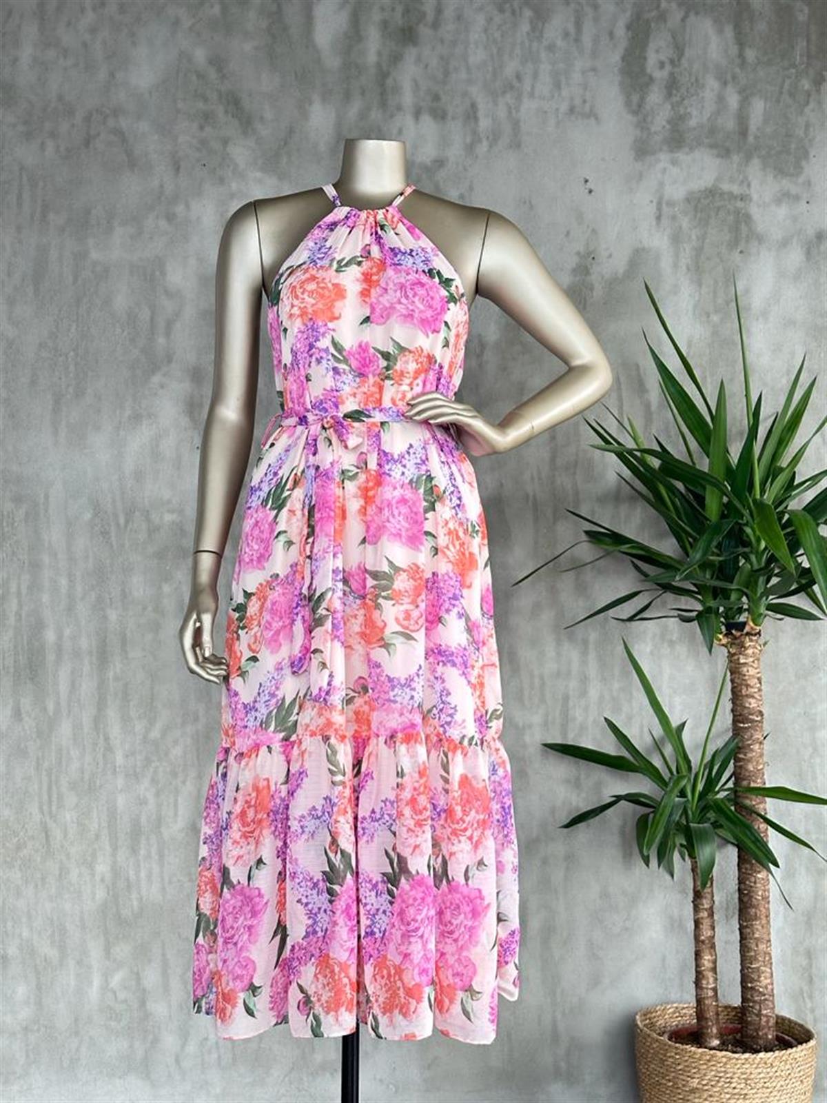 Halter Yaka Çiçekli Elbise (Pembei)