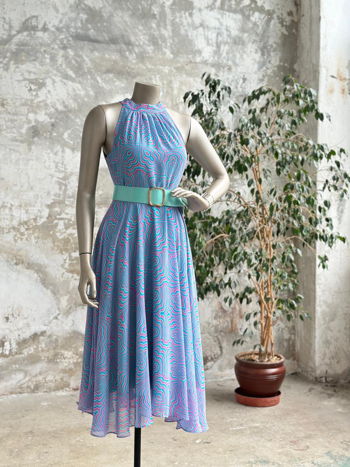 Halter Yaka Kemerli Şifon Elbise (Mavi)
