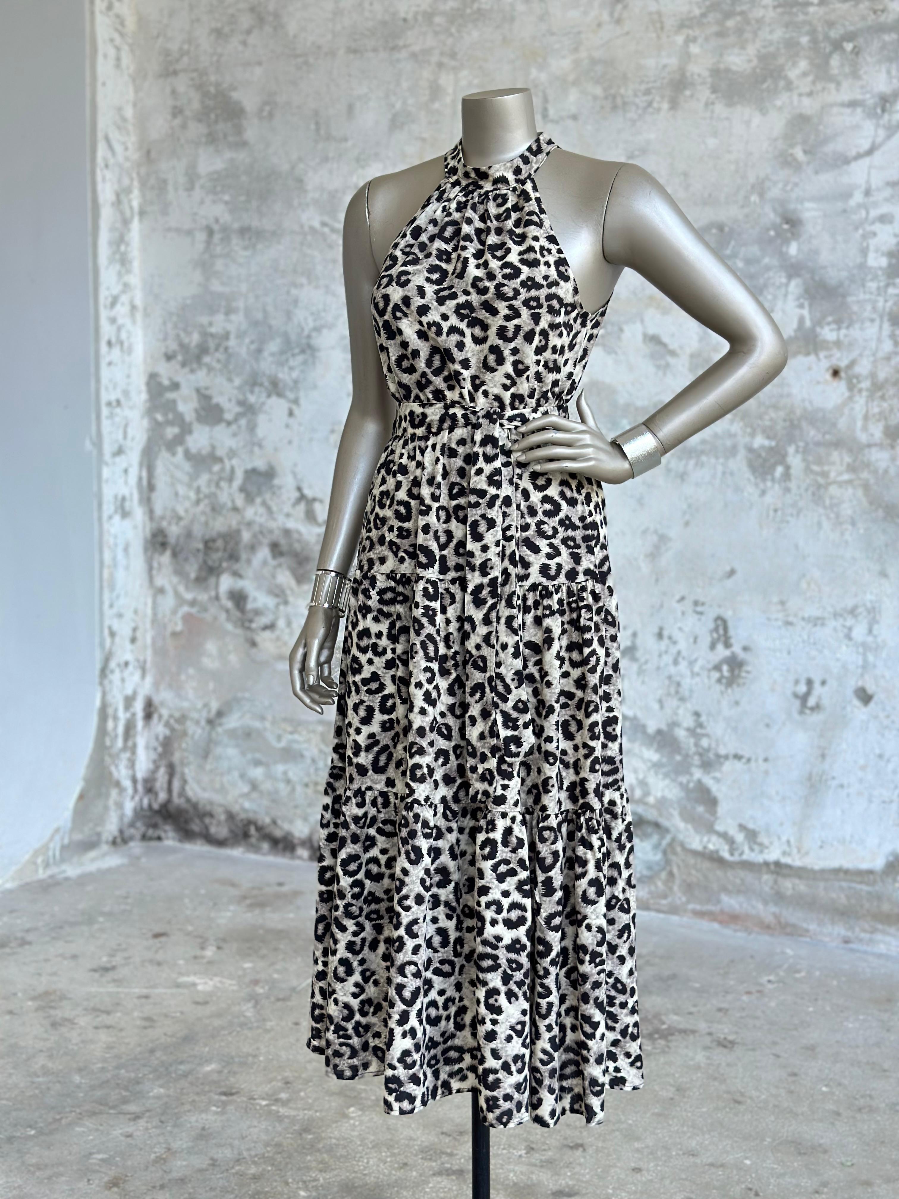 Halter Yaka Leopar Desen Belden Lastikli Elbise (Kahve)
