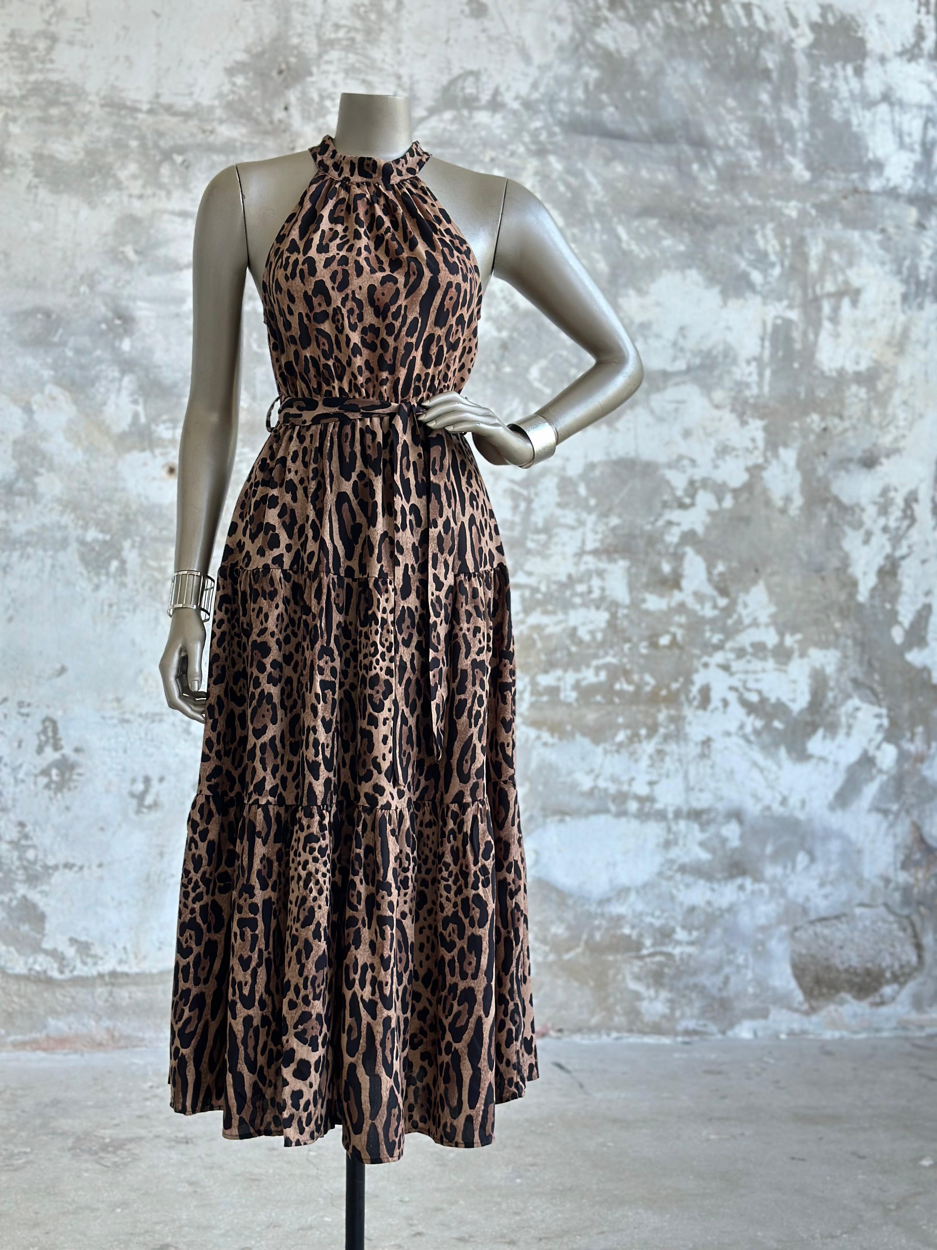 Halter Yaka Leopar Desen Belden Lastikli Elbise (Koyu Kahve)