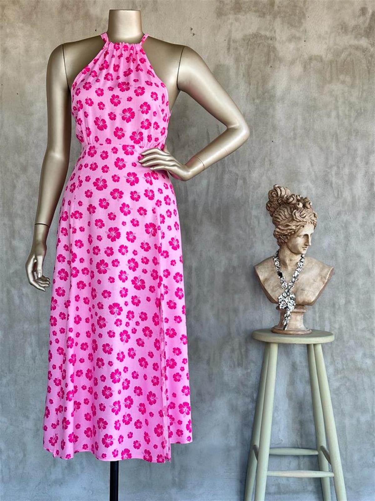 Halter Yaka Önden Çift Yırtmaçlı Elbise (Pembe)